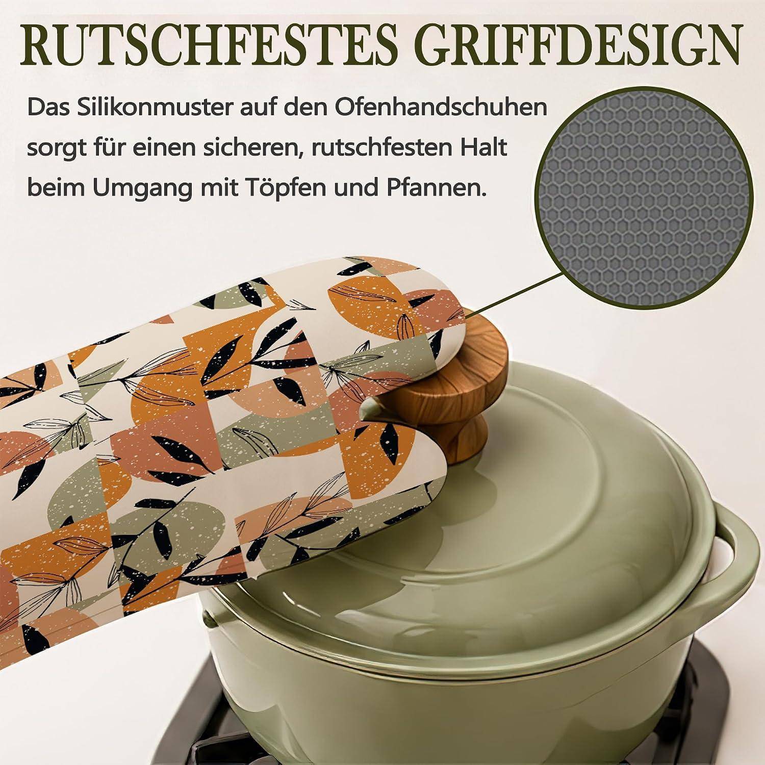 Ofenhandschuhe mit Silikonmuster, die einen heißen Topf mit Deckel greifen und das „Rutschfestes Griffdesign
