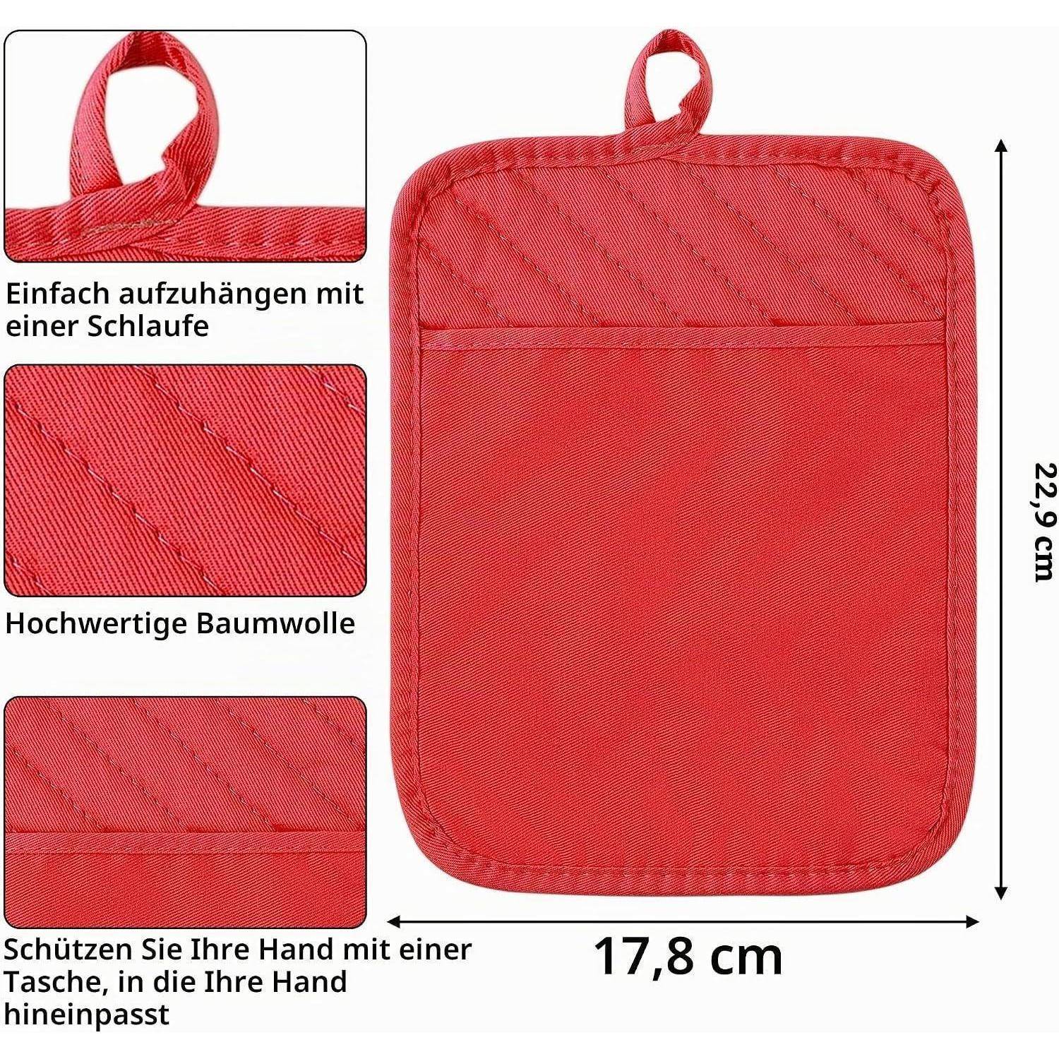 Rotes gestepptes Baumwoll-Ofenhandschuh mit Aufhängeschlaufe, gezeigt mit Abmessungen von 17,8 cm Breite und 22,9 cm Höhe und deutschen Funktionshinweisen.
