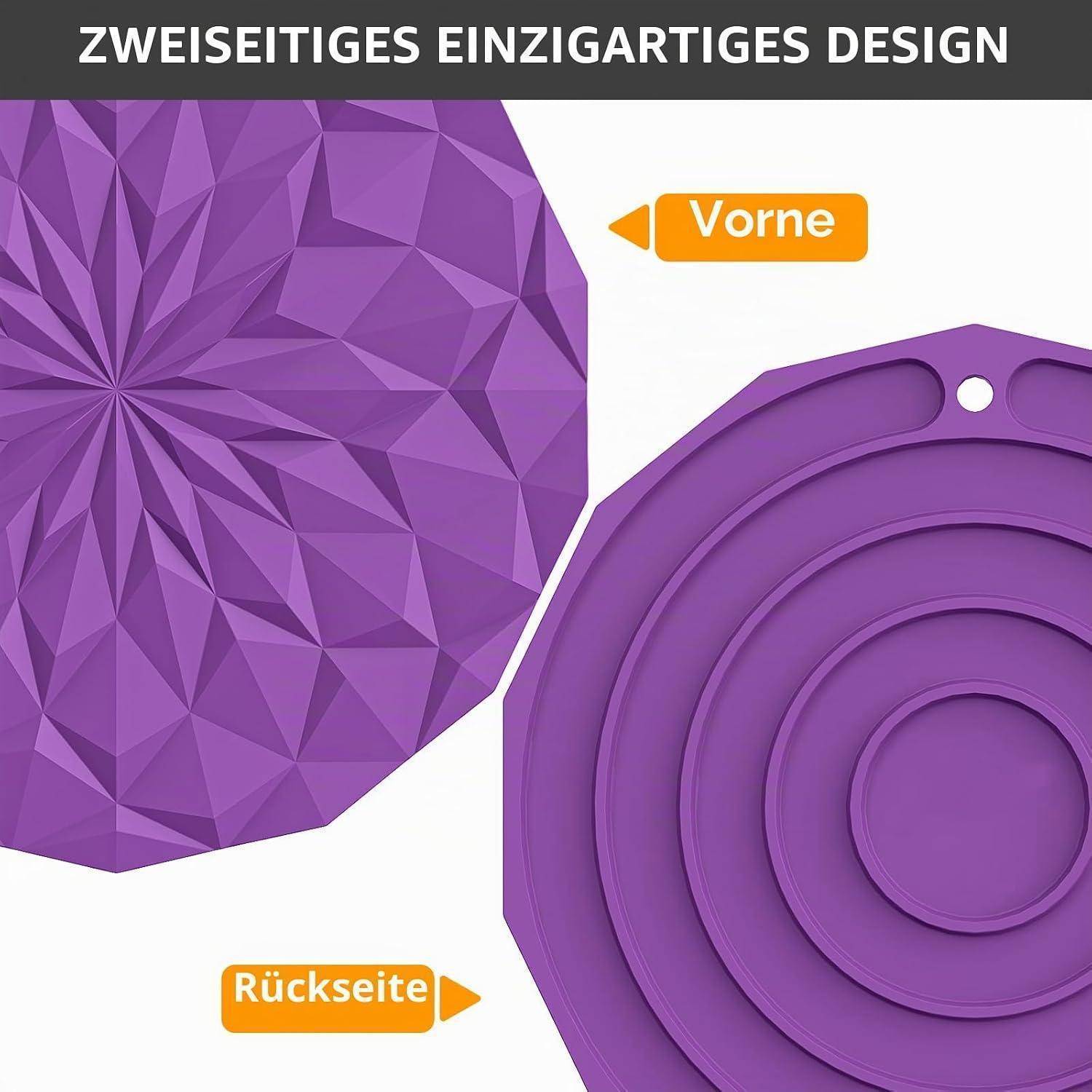 Violettes geometrisches kreisförmiges Accessoire von vorne und hinten gezeigt; die Beschriftungen lauten „Vorne