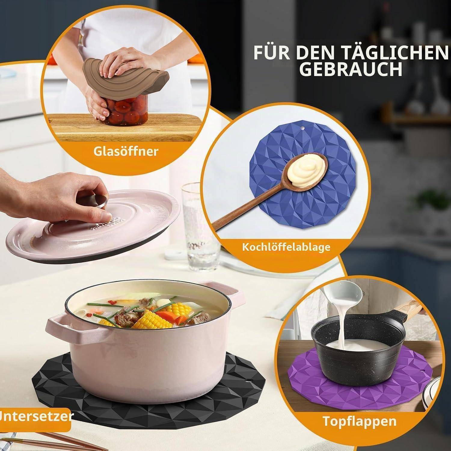 Collage von Küchen-Silikonmatten und Deckeln, die als Dosenöffner, Löffelablage, Topfuntersetzer und Topflappen verwendet werden, mit der Bezeichnung „Für den täglichen Gebrauch