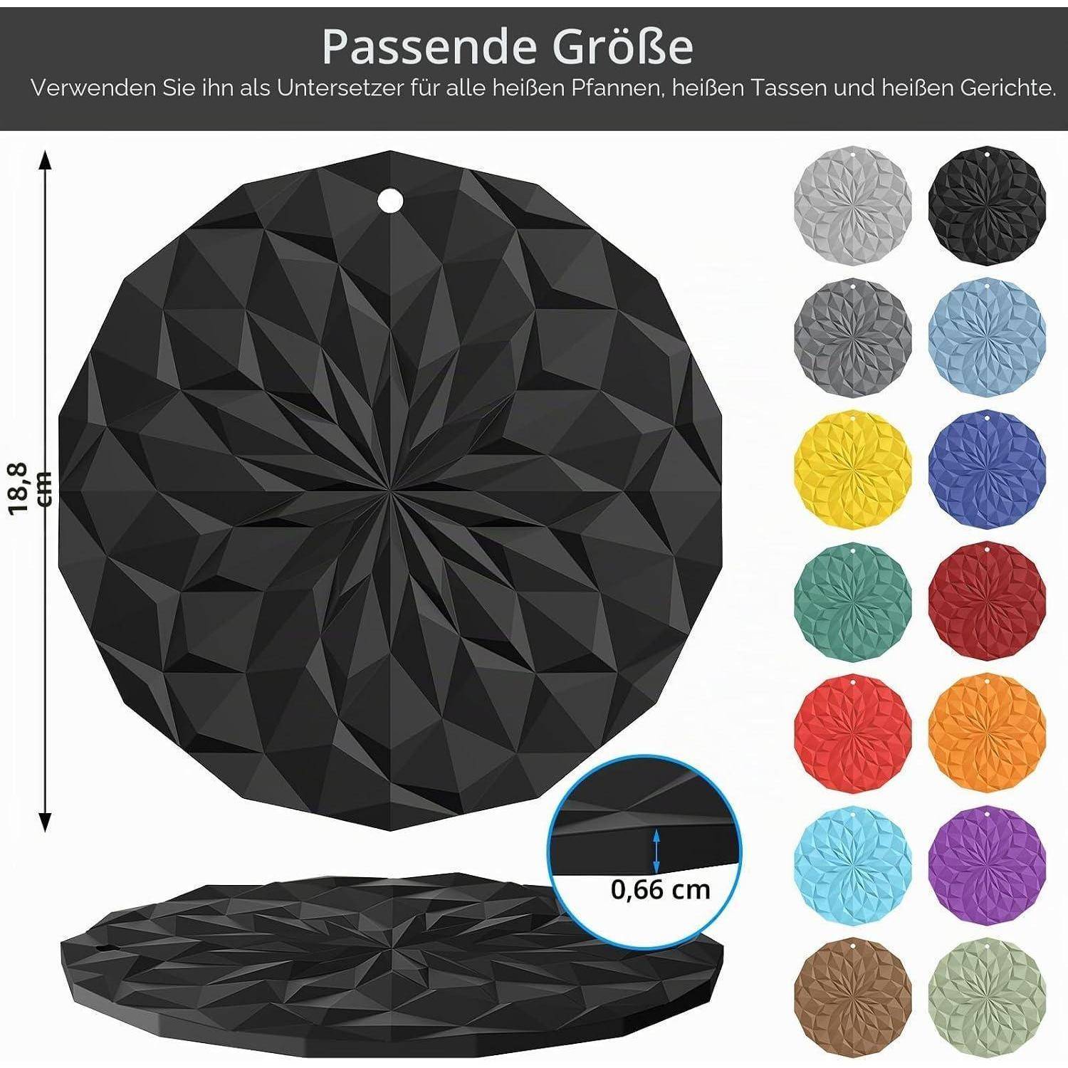 Größendiagramm für einen facettierten runden wärmefesten Untersetzer: 18,8 cm Durchmesser und 0,66 cm Dicke, dargestellt in mehreren Farben.