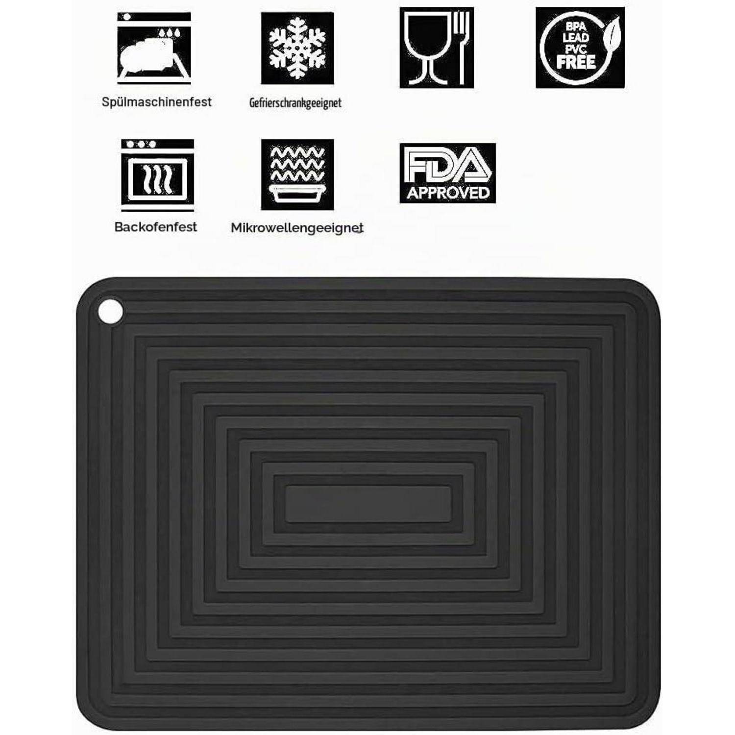 Schwarze rechteckige Silikonmatte mit konzentrischen Rillen und Aufhängeloch; Symbole zeigen Spülmaschinen-, Gefrierschrank-, Ofen- und Mikrowellenfestigkeit an, FDA-zugelassen, BPA-/Blei-/PVC-frei.