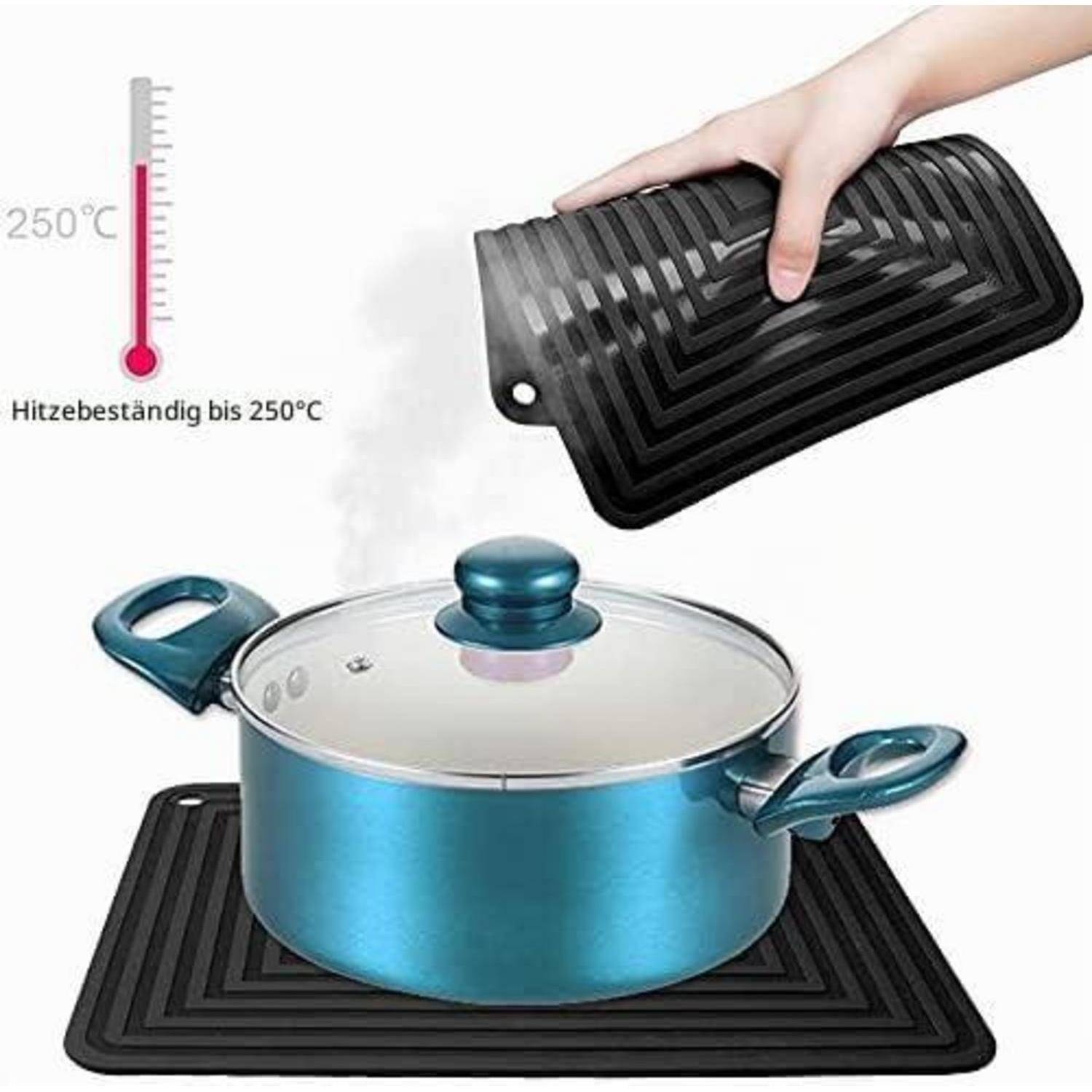 Silikon-Hitzebeständigkeitsmatte unter einem Topf, mit Thermometer-Symbol und Text „Hitzebeständig bis 250°C