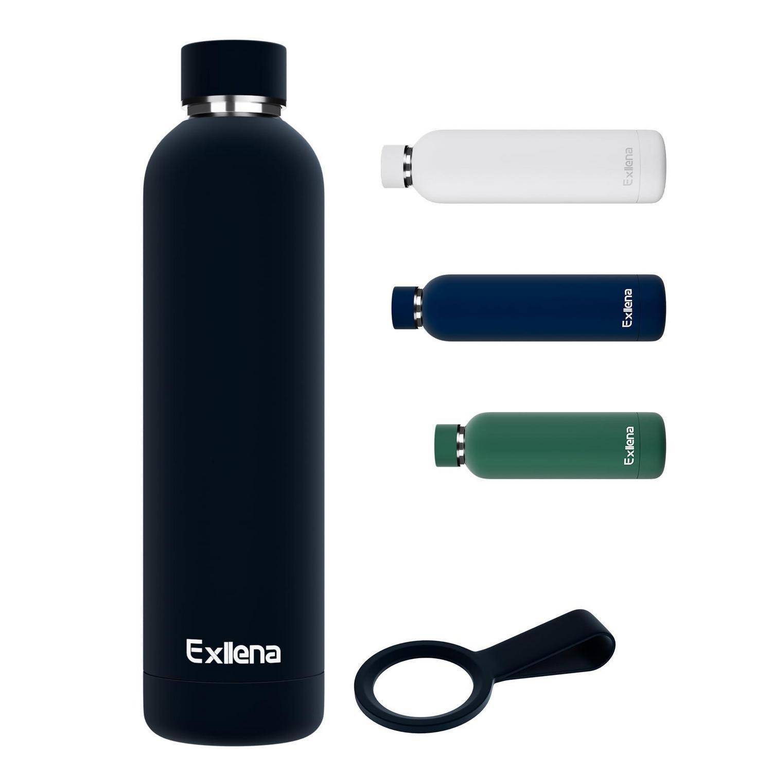 Satz von Exlena isolierten Flaschen: eine hohe schwarze Flasche und drei kleinere Flaschen in Weiß, Dunkelblau und Grün mit einem schwarzen Trageringel.