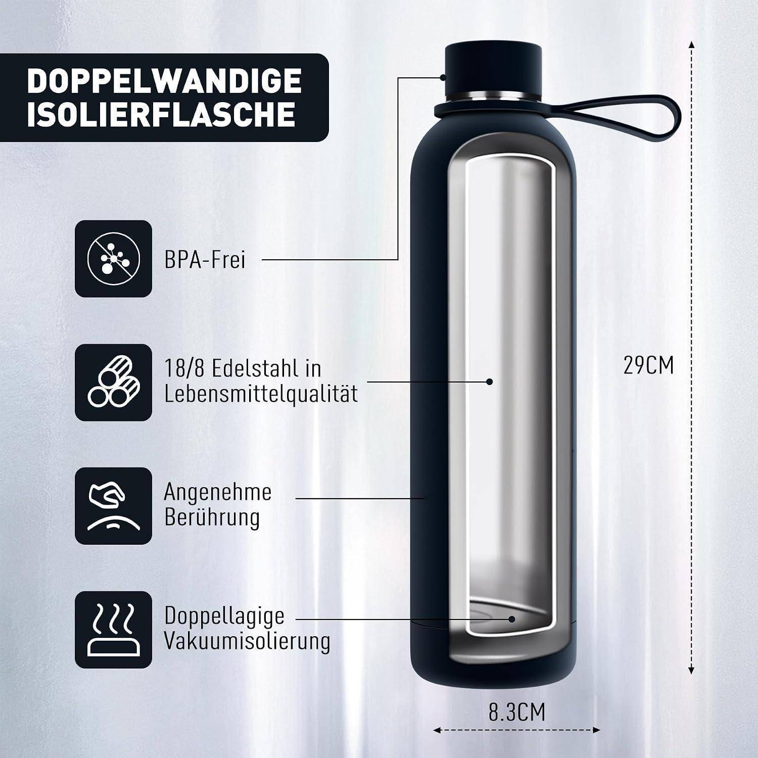Deutsches Produktgrafik einer doppelwandigen isolierten Flasche, gekennzeichnet als BPA-frei, 18/8 Edelstahl in Lebensmittelqualität, angenehme Haptik, doppellagige Vakuumisolierung, 29 cm groß und 8,3 cm breit.