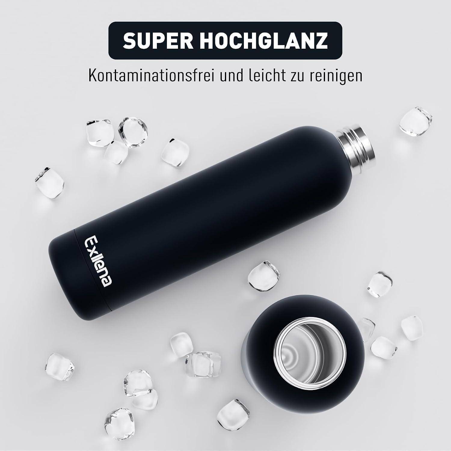 Schwarze Flasche und passende Kappe auf Eis, beschriftet mit „SUPER HOCHGLANZ