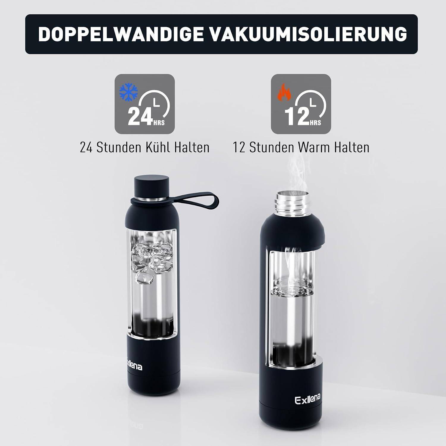 Anzeige für eine doppelwandige vakuumisolierte Flasche, die Getränke 24 Stunden lang kalt und 12 Stunden lang warm hält; zwei Flaschenansichten mit Eiswasser und dampfendem Wasser.