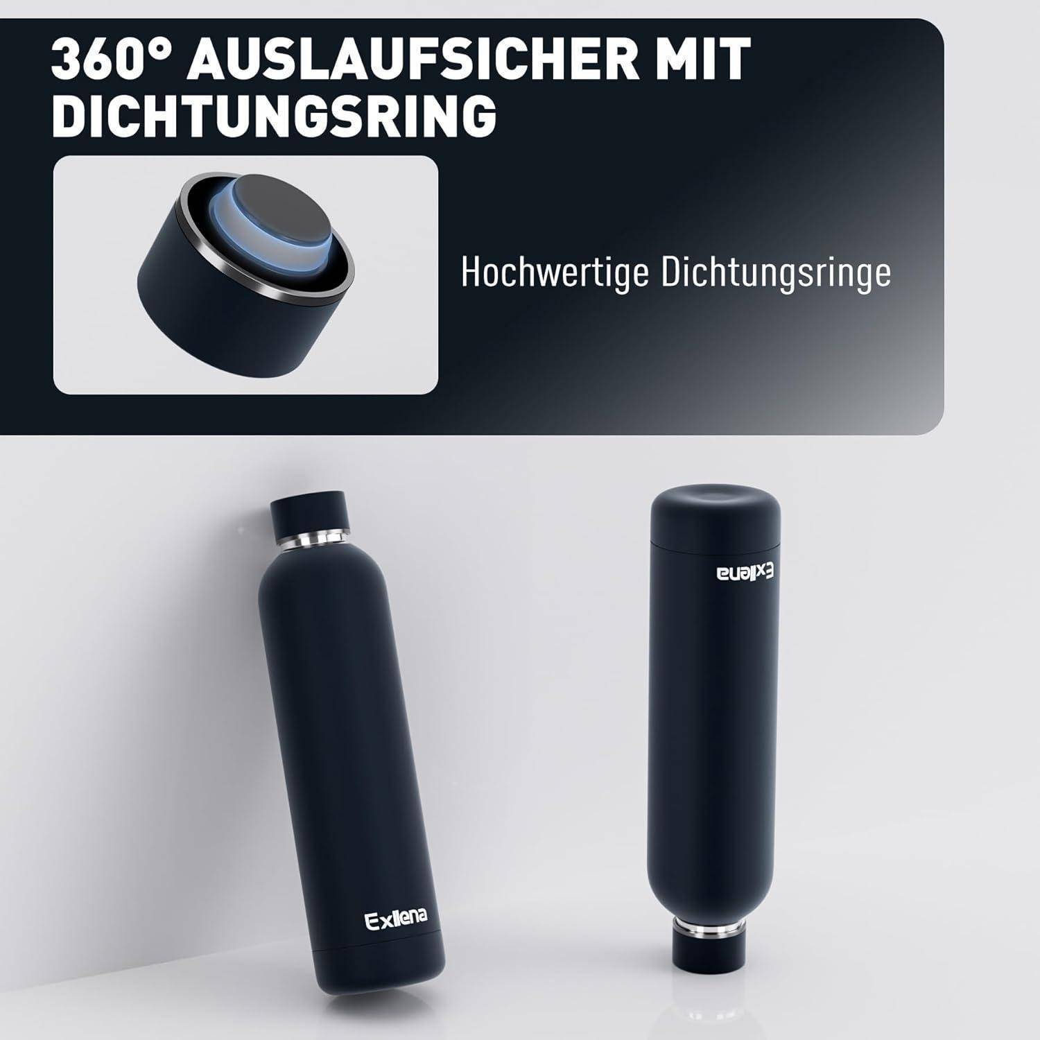 Produktanzeige mit einer schwarzen Flasche und der deutschen Überschrift '360° Auslaufsicher mit Dichtungsring' und dem Text 'Hochwertige Dichtungsringe', die die auslaufsichere Abdichtung hervorhebt.