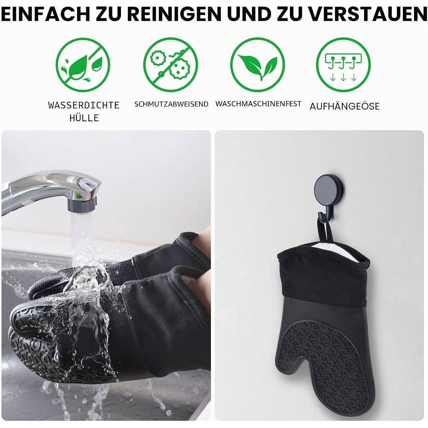 Das Produkt lässt sich leicht reinigen und lagern; Symbole zeigen wasserdichte Abdeckung, Schmutzbeständigkeit, maschinenwaschbar und Aufhängeschlaufe, mit Fotos zum Spülen und Aufhängen.