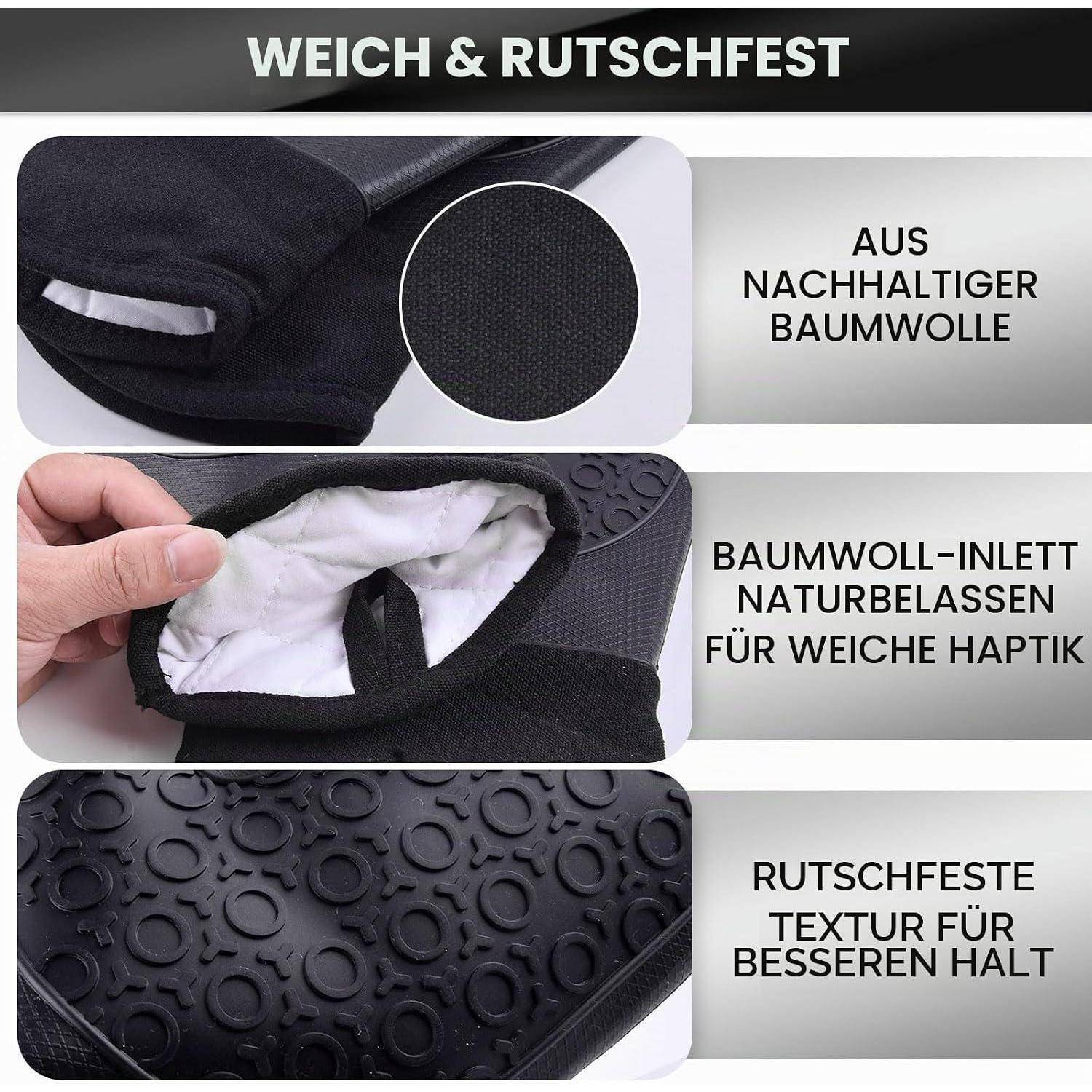 Infografik eines schwarzen Schuhs oder Hausschuhs, der weiche, rutschfeste Eigenschaften zeigt: nachhaltiges Baumwolloberteil, natürliches Baumwollfutter für Komfort und strukturierte Sohle für Griffigkeit.