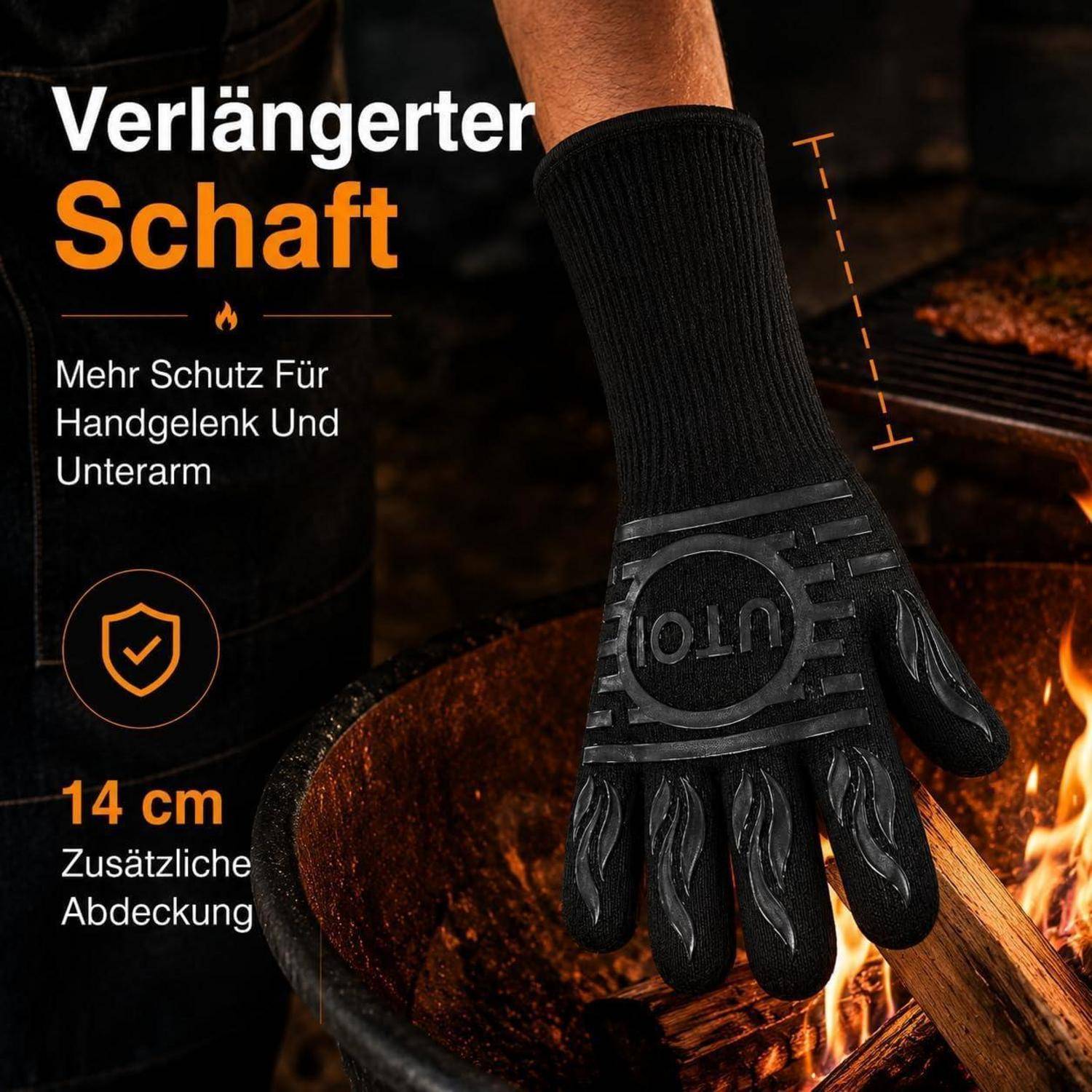 Werbebild eines hitzebeständigen Handschuhs mit verlängertem Schaft; Der deutsche Text besagt „Verlängerter Schaft