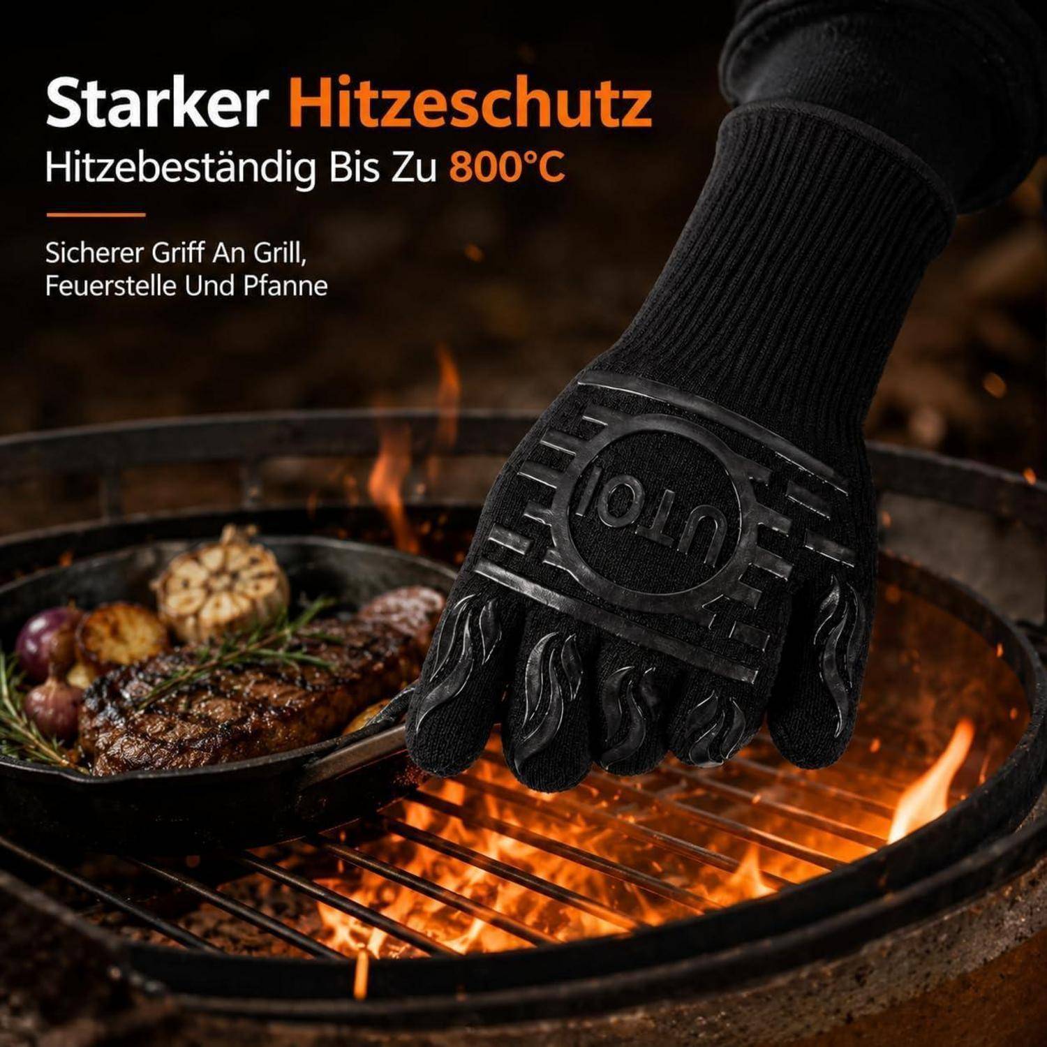 Anzeige für hitzebeständige Grillhandschuhe, zeigt eine behandschuhte Hand über einem lodernden Grill und einer Pfanne; der Text lautet „Starker Hitzeschutz