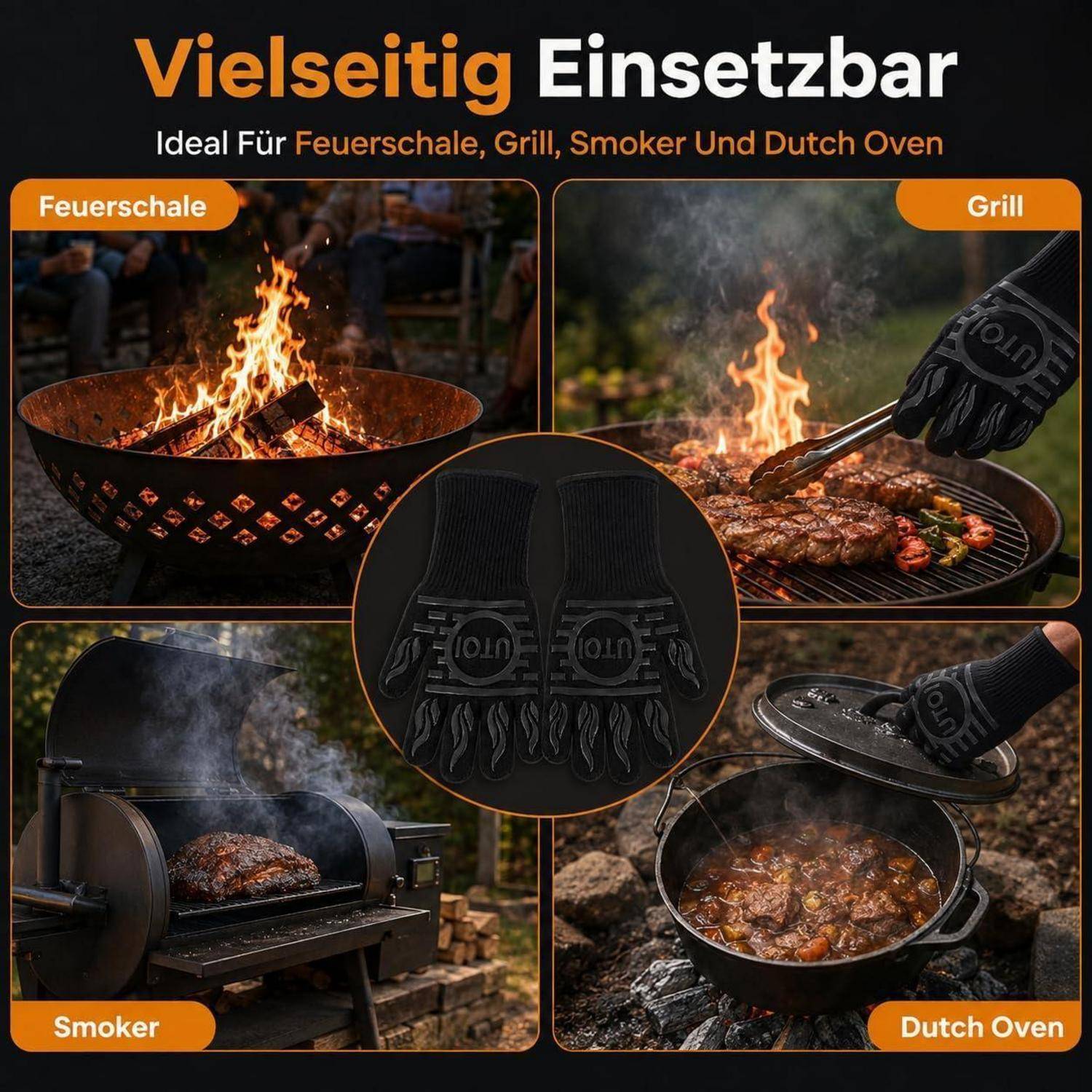 Werbekollage zeigt einen hitzebeständigen Handschuh, der bei Feuerschale, Grill, Smoker und Dutch Oven verwendet wird; deutscher Text lautet „Vielseitig Einsetzbar