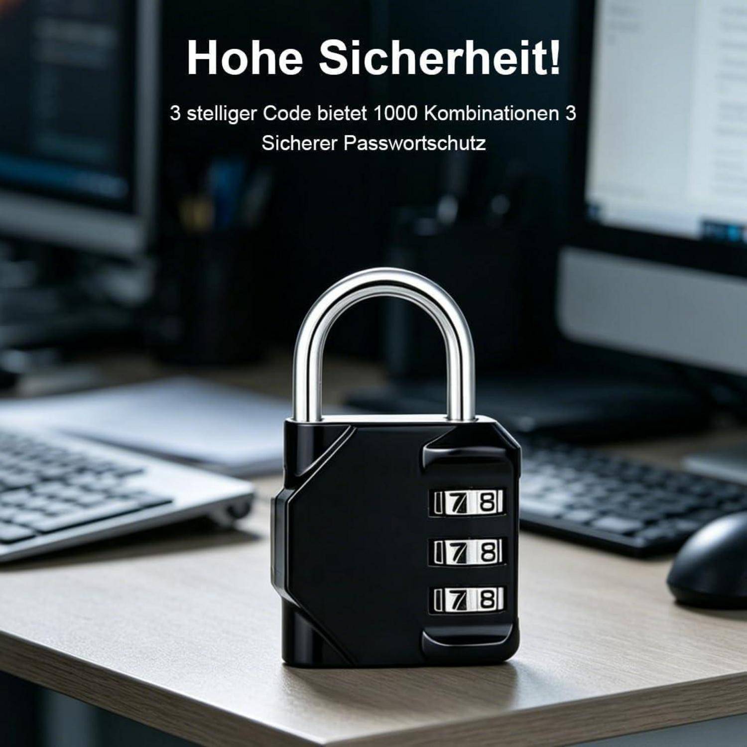 Ein schwarzes Kombinationsvorhängeschloss auf einem Schreibtisch mit deutschem Text „Hohe Sicherheit!" und „3 stelliger Code bietet 1000 Kombinationen 3 Sicherer Passwortschutz"" über sicheren 3-stelligen Passwortschutz.