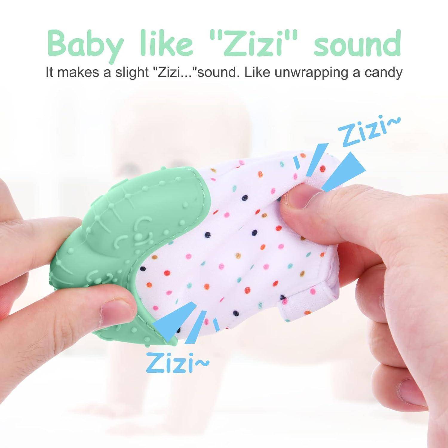 Illustration eines Babyspielzeugs, das zwischen zwei Händen zusammengedrückt wird, mit Text, der sagt „Baby mag ‚Zizi'-Geräusch