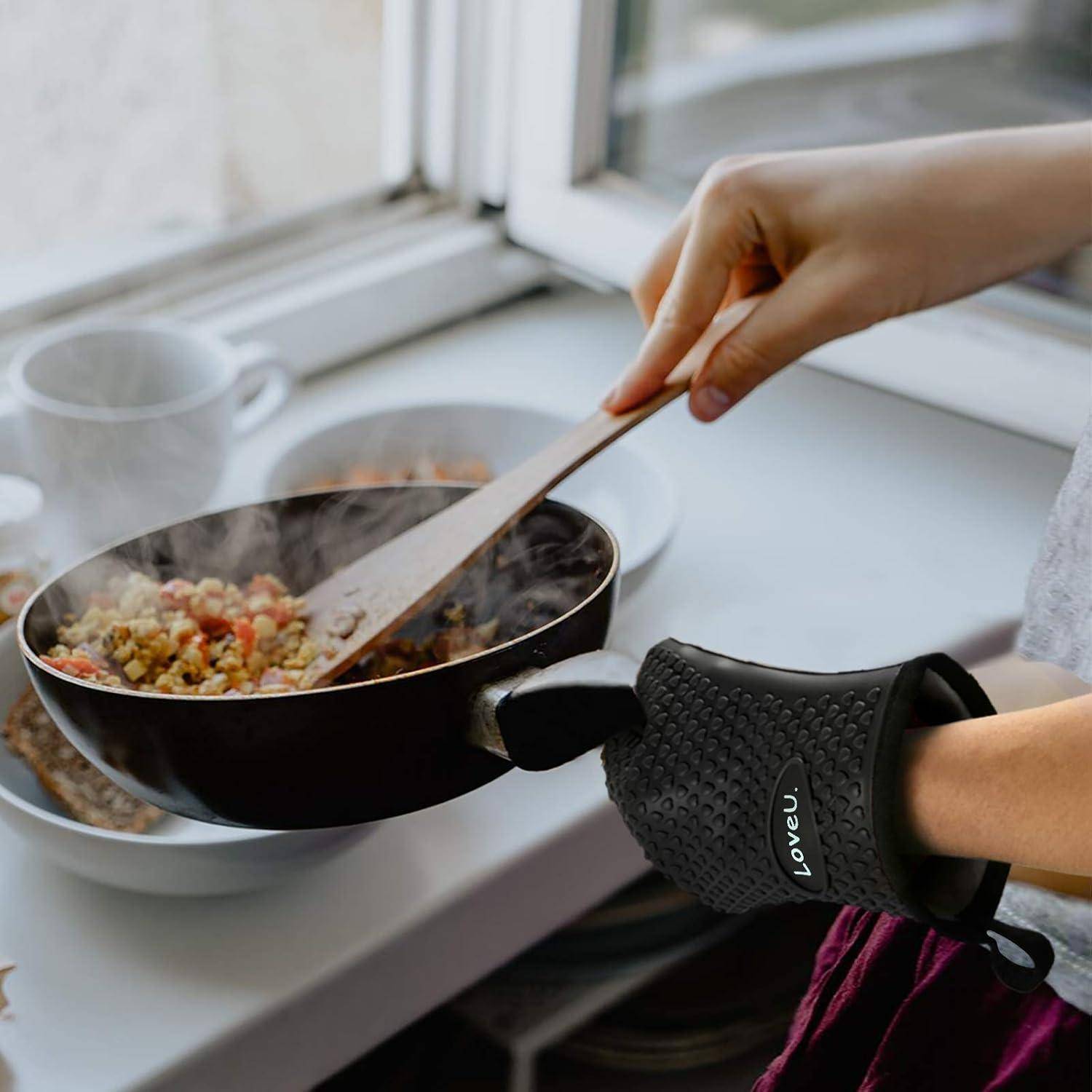 Grillhandschuhe Silikon Baumwolle Doppelschicht Hitzebeständig Schwarz