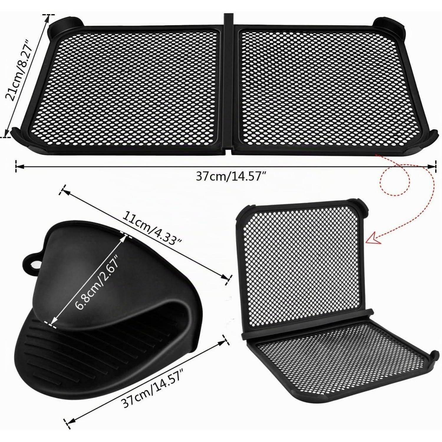 Schwarzbarer faltbarer Mesh-Sonnenschutz/Organizer für das Auto mit angegebenen Abmessungen: 37 cm breit, 21 cm hoch und 11 cm x 6,8 cm zusammengeklappt.