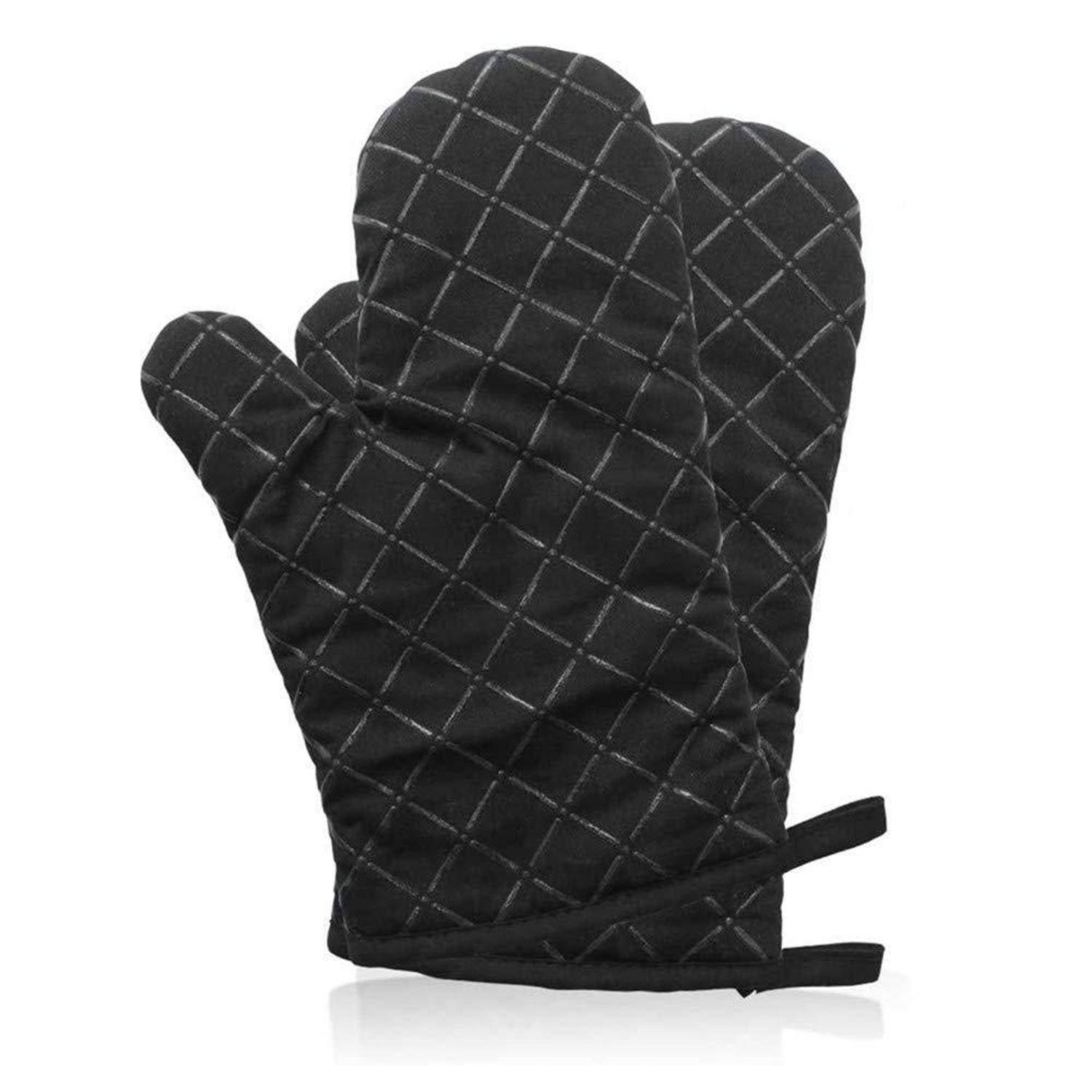 Schwarzer gesteppter Ofenhandschuh mit seitlichem Daumen und Aufhängeschlaufe, shown on a white background.