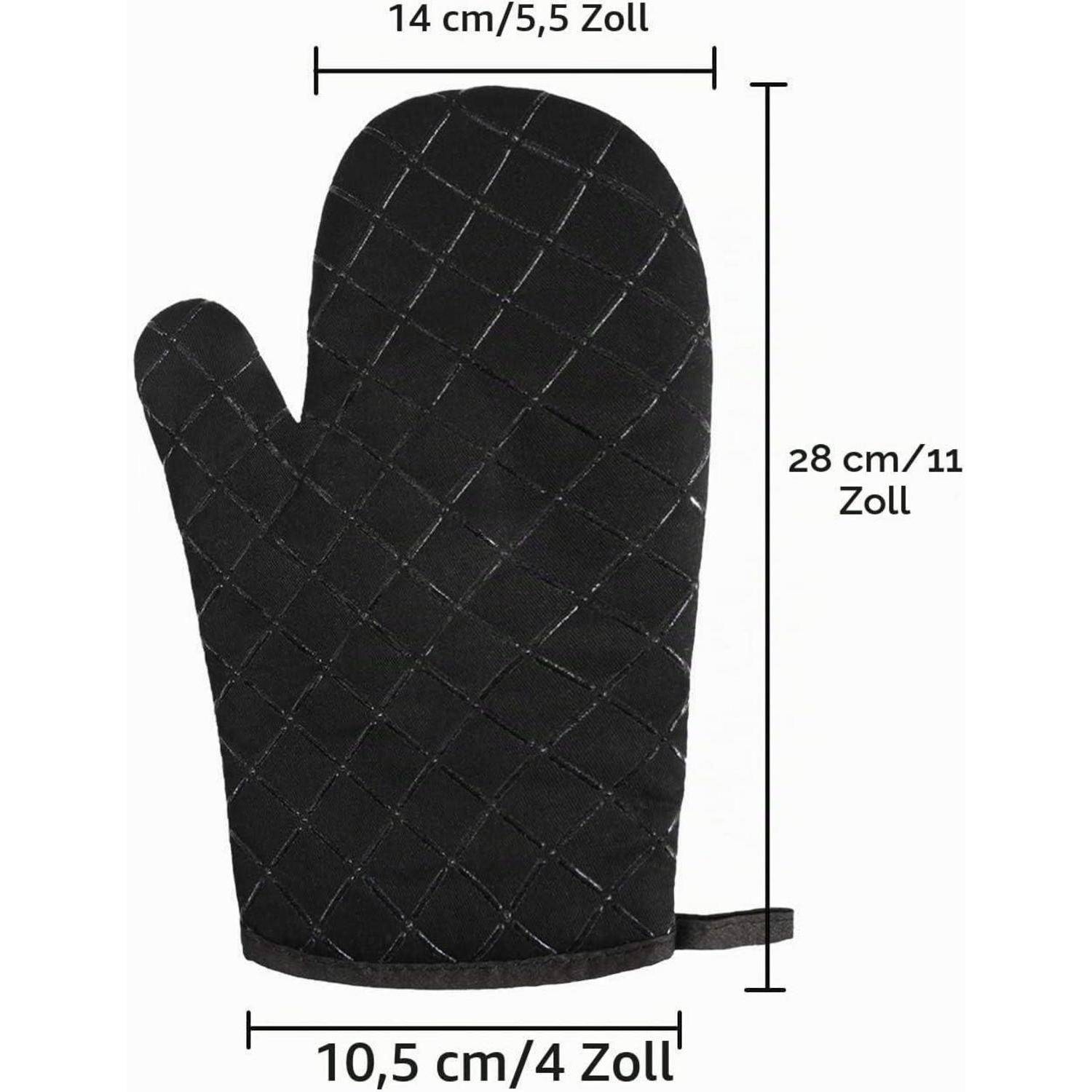 Schwarzer gesteppter Ofenhandschuh mit Maßangaben: 28 cm hoch, 14 cm breit oben, 10,5 cm breit unten.