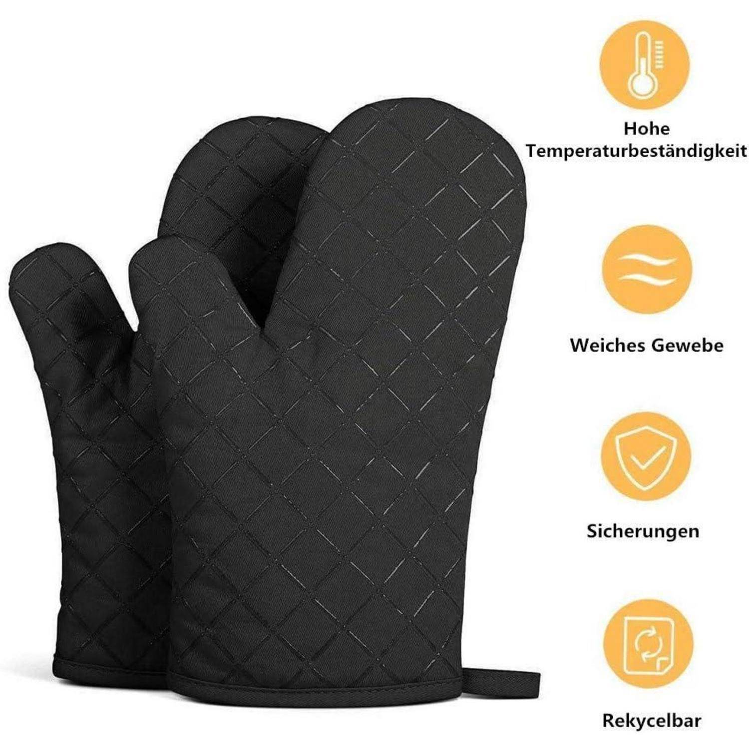 Schwarze gesteppte Ofenhandschuhe, abgebildet neben deutschen Funktionssymbolen und Text: Hochtemperaturbeständigkeit, weiches Material, Schutz, recycelbar.