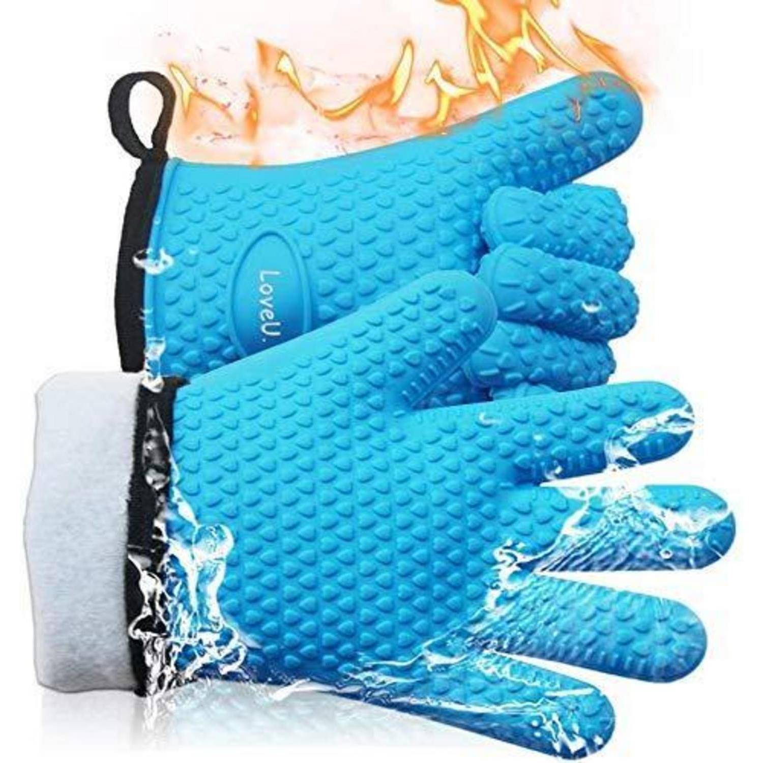 Grillhandschuhe Silikon Baumwolle Doppelschicht Hitzebeständig Blau