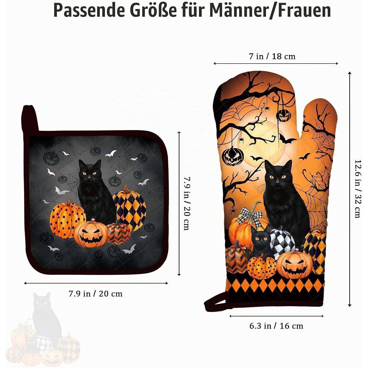 Ofenhandschuh & Topflappen 2er-Set Halloween Schwarze Katze Baumwolle