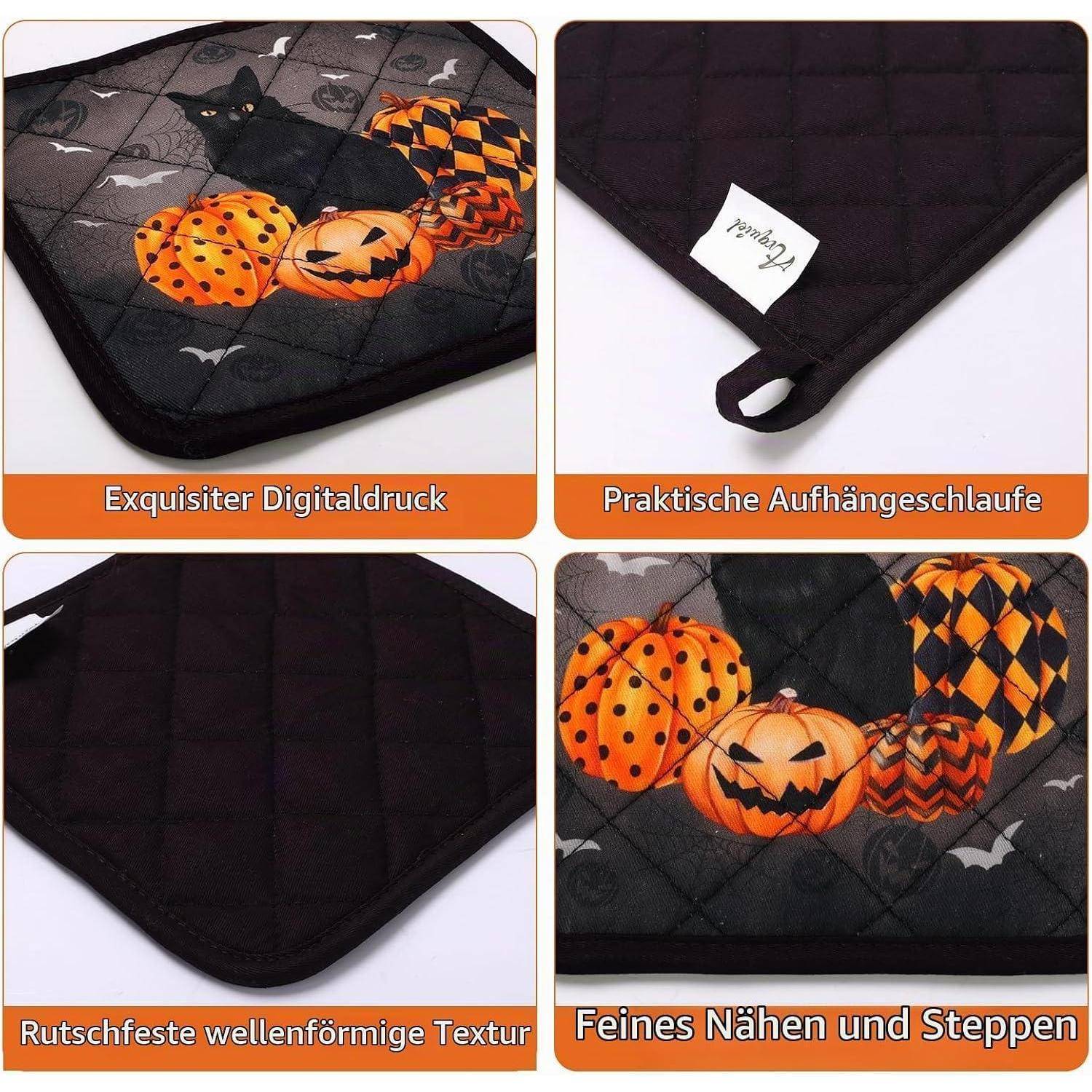Ofenhandschuh & Topflappen 2er-Set Halloween Schwarze Katze Baumwolle