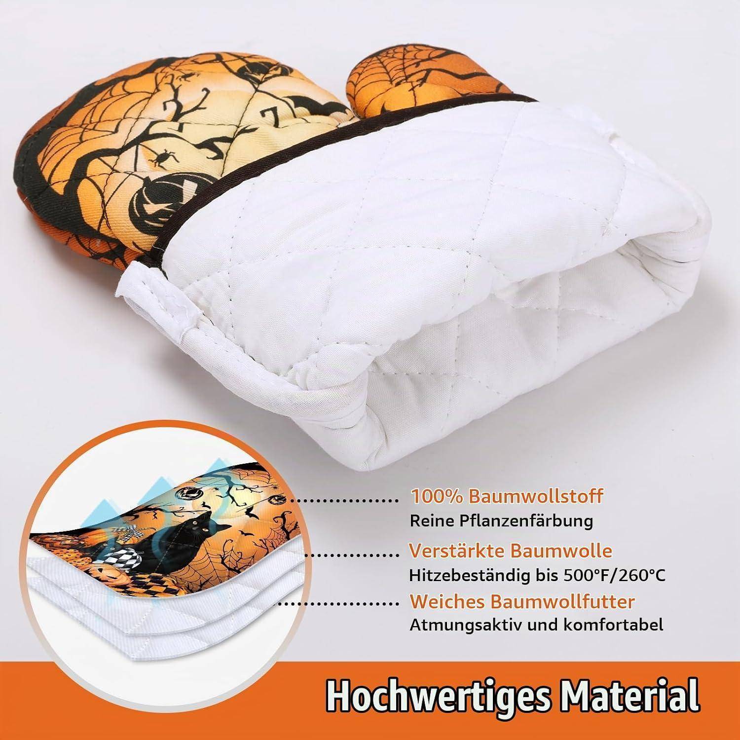 Ofenhandschuh & Topflappen 2er-Set Halloween Schwarze Katze Baumwolle