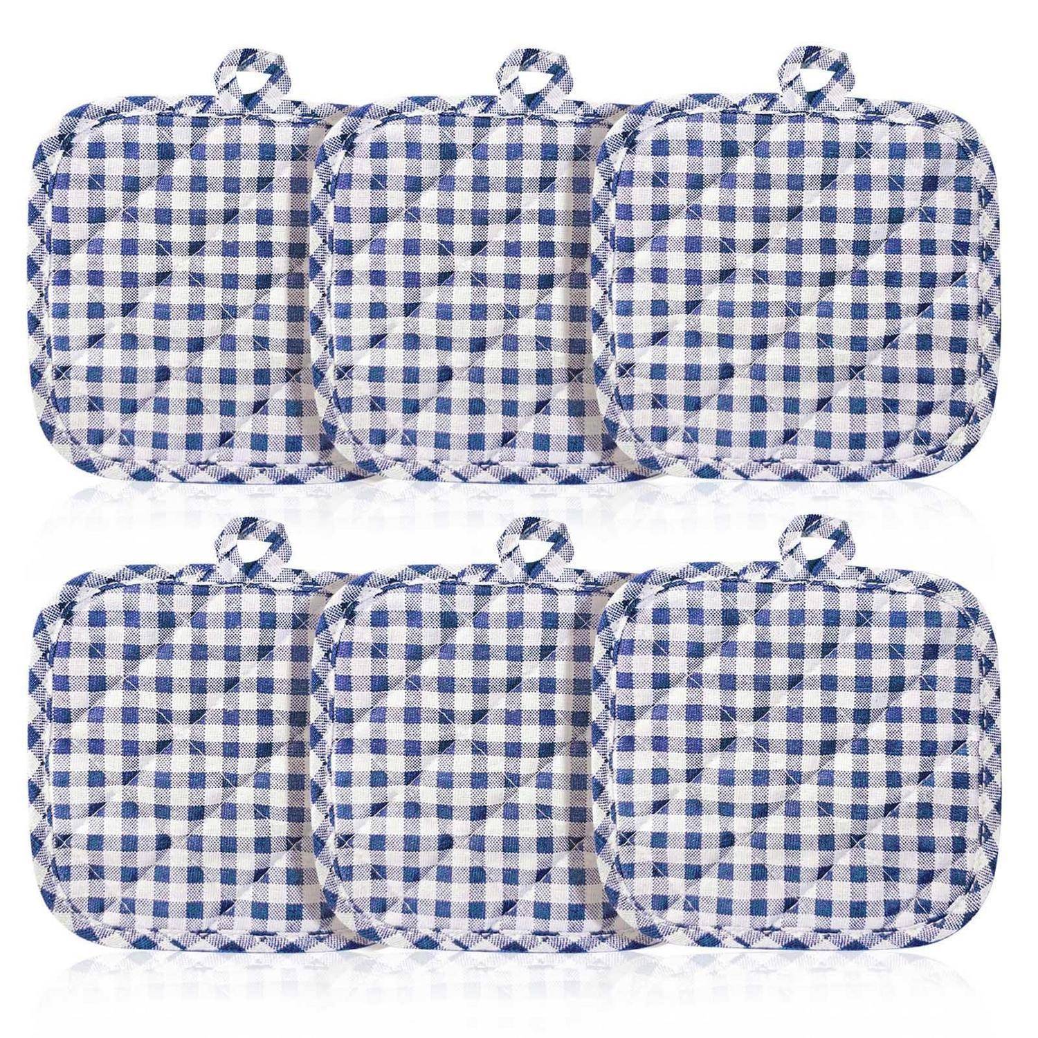 Topflappen 6er Set Blau Kariert Baumwolle 17,5x17,5cm