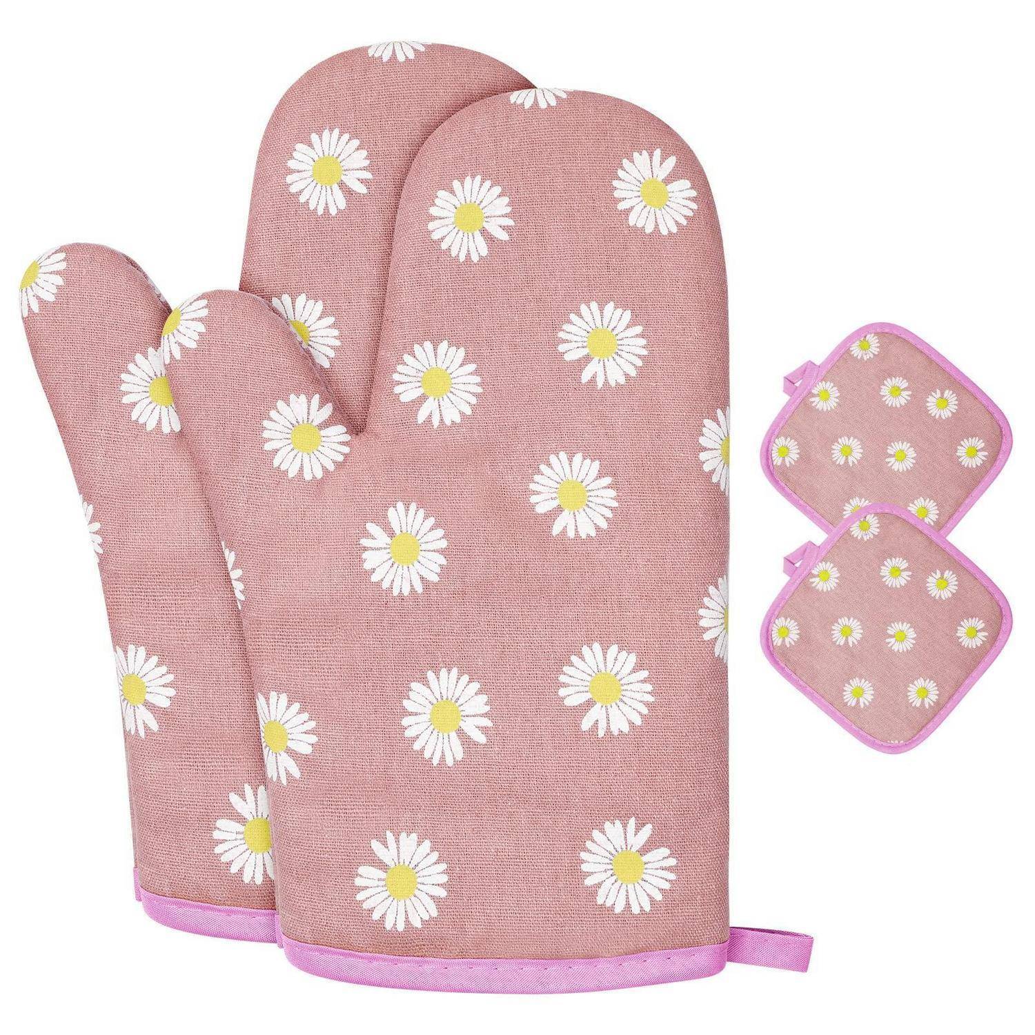 AUAUY 1 Paar Ofenhandschuhe & 2 Topflappen, Baumwolle, Rosa Blumen, Hitzebeständig