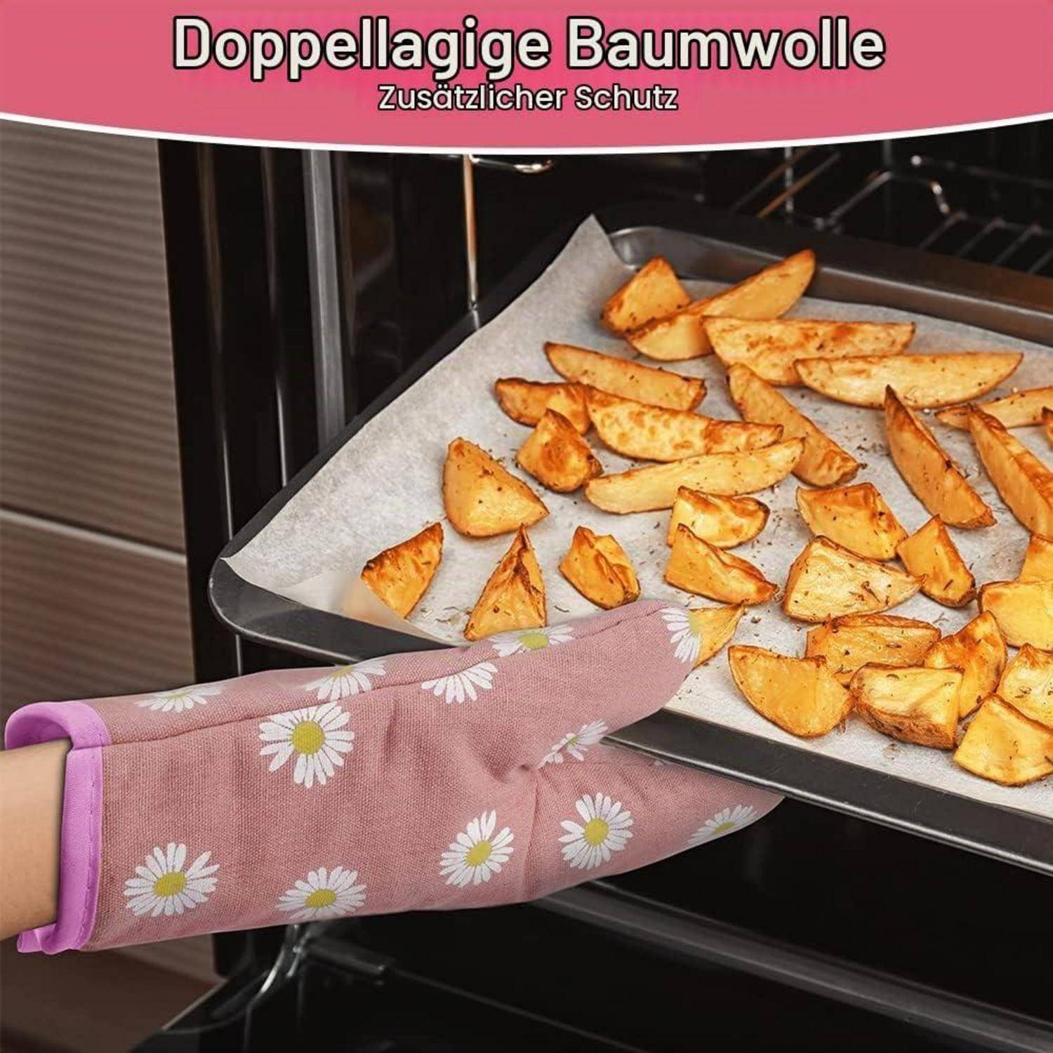 AUAUY 1 Paar Ofenhandschuhe & 2 Topflappen, Baumwolle, Rosa Blumen, Hitzebeständig