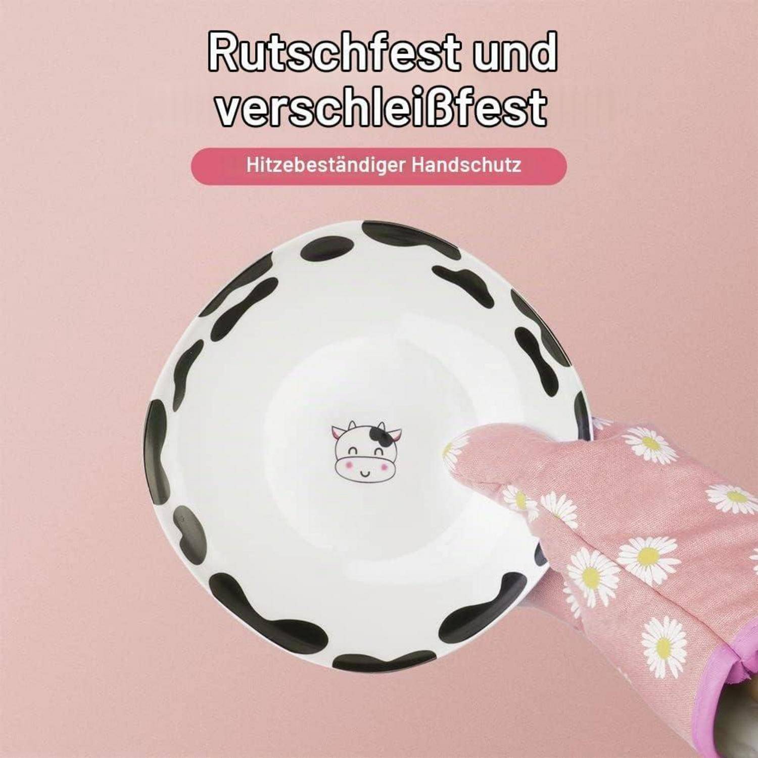 AUAUY 1 Paar Ofenhandschuhe & 2 Topflappen, Baumwolle, Rosa Blumen, Hitzebeständig