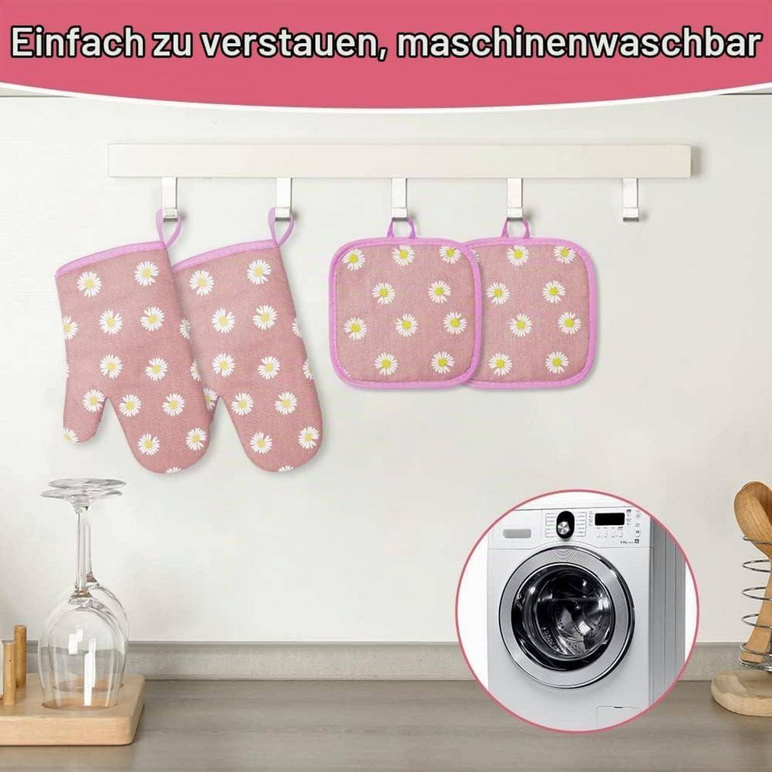 AUAUY 1 Paar Ofenhandschuhe & 2 Topflappen, Baumwolle, Rosa Blumen, Hitzebeständig