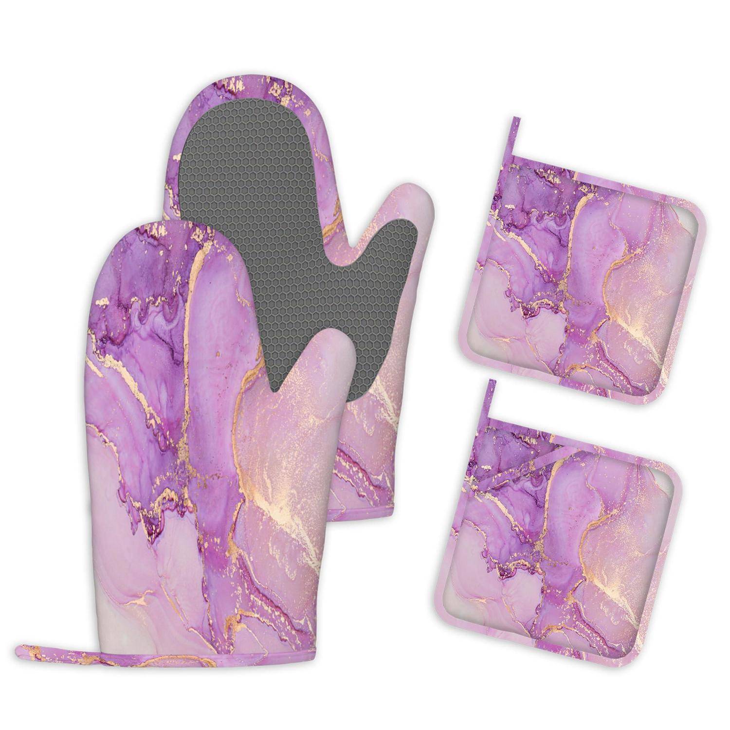 Ofenhandschuhe & Topflappen 4er Set Violett Marmoriert Hitzebeständig Silikon