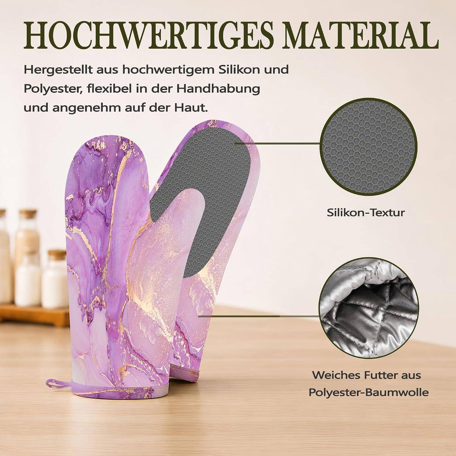 Ofenhandschuhe & Topflappen 4er Set Violett Marmoriert Hitzebeständig Silikon