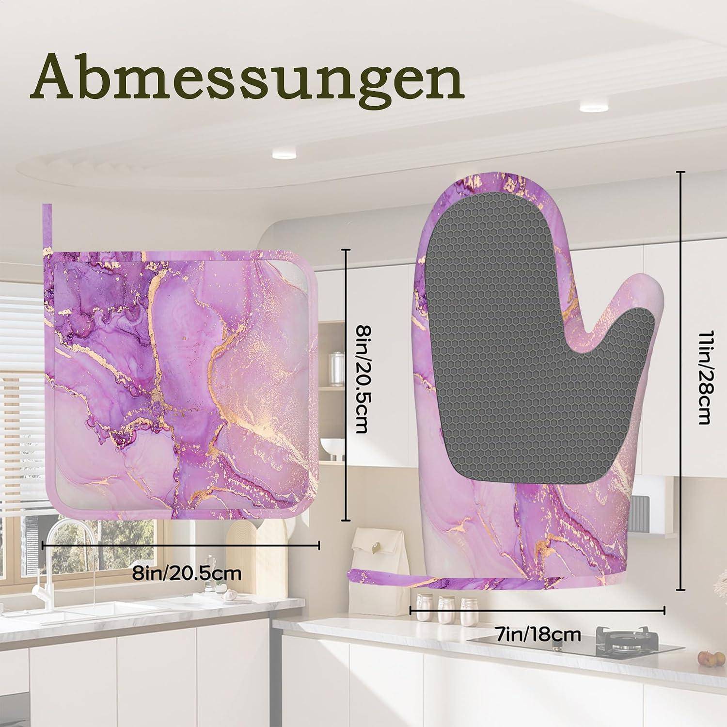 Ofenhandschuhe & Topflappen 4er Set Violett Marmoriert Hitzebeständig Silikon