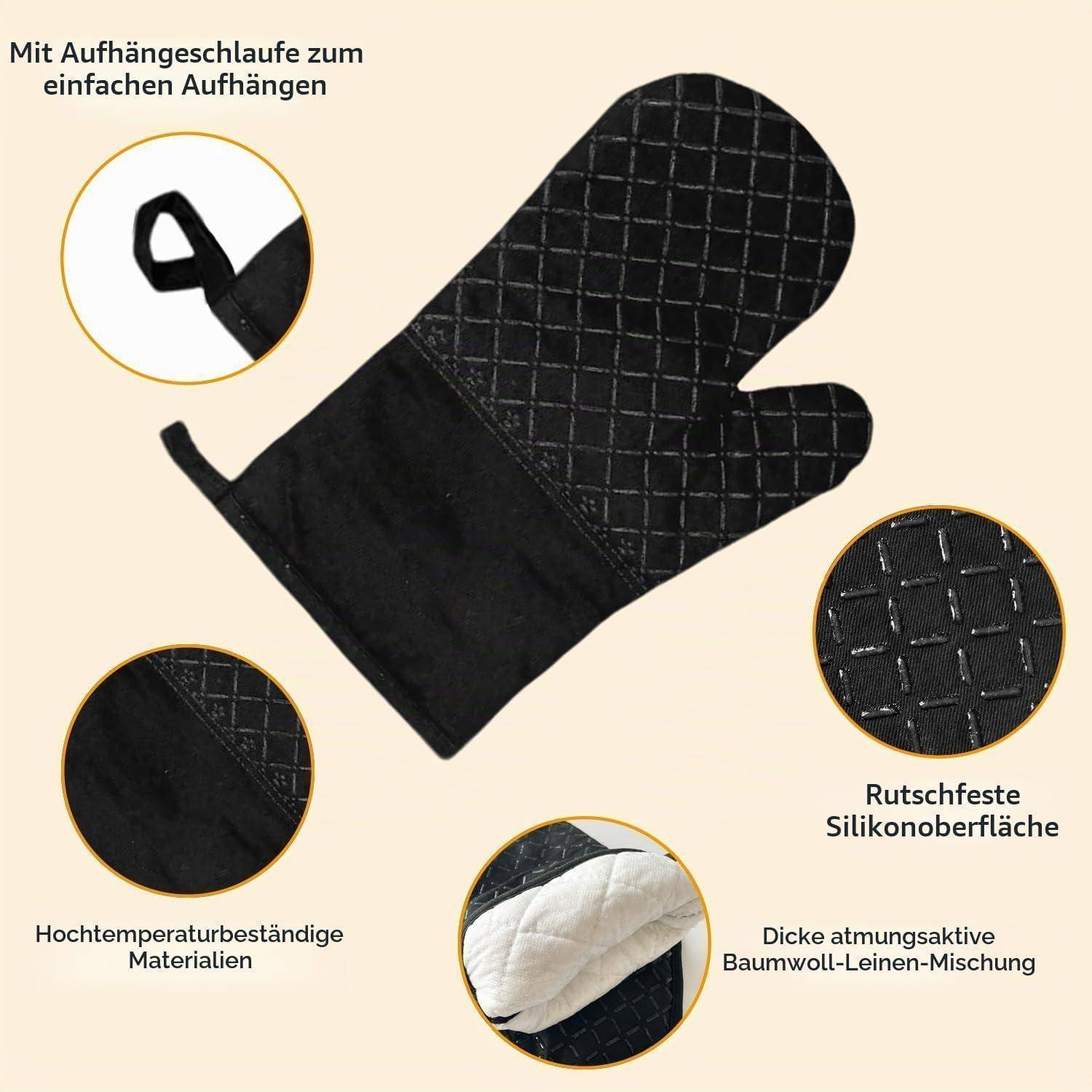 Ofenhandschuhe & Topflappen Set, Hitzebeständig bis 250°C, Silikon, Schwarz