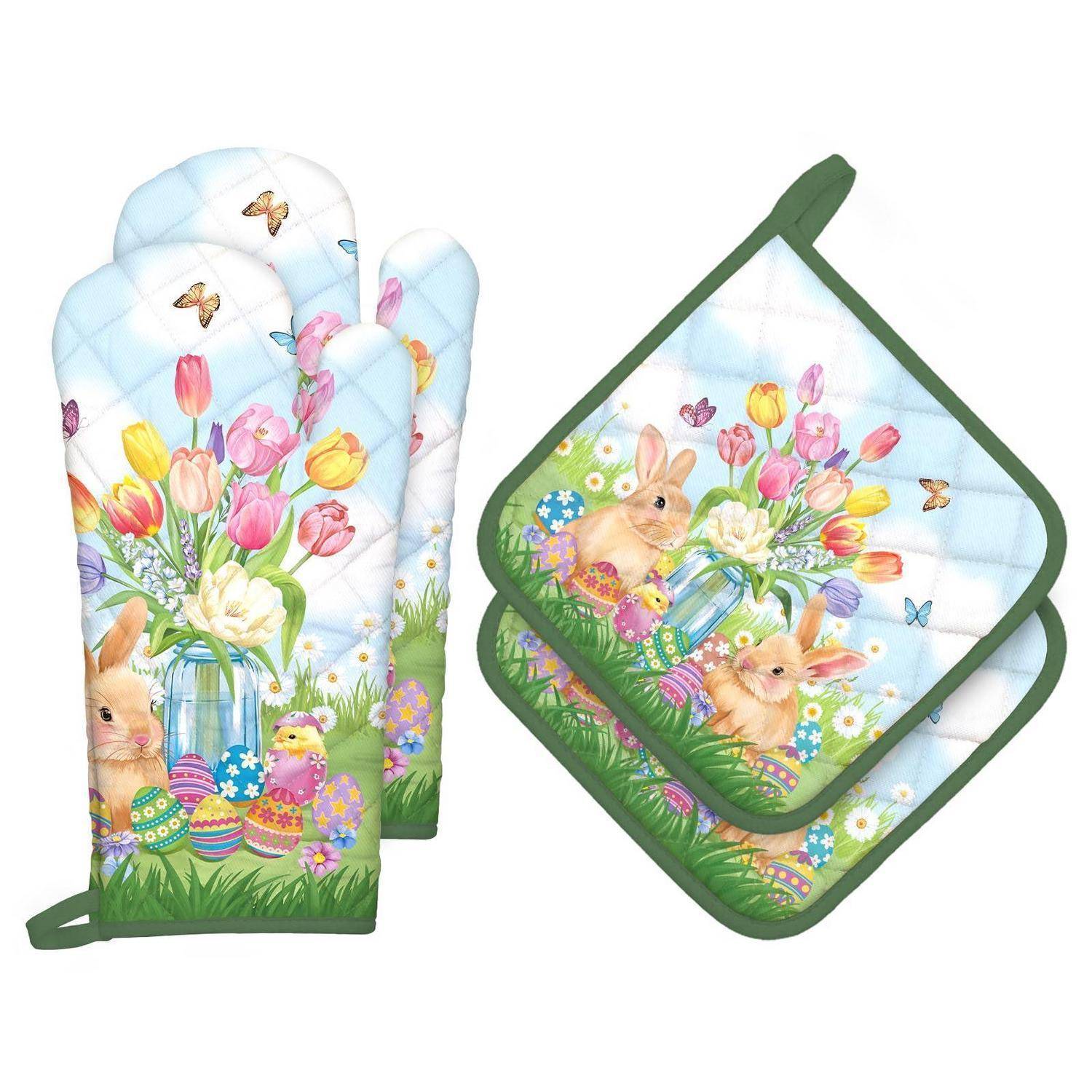 Ofenhandschuh & Topflappen Set 4tlg. Baumwolle Hase Motiv