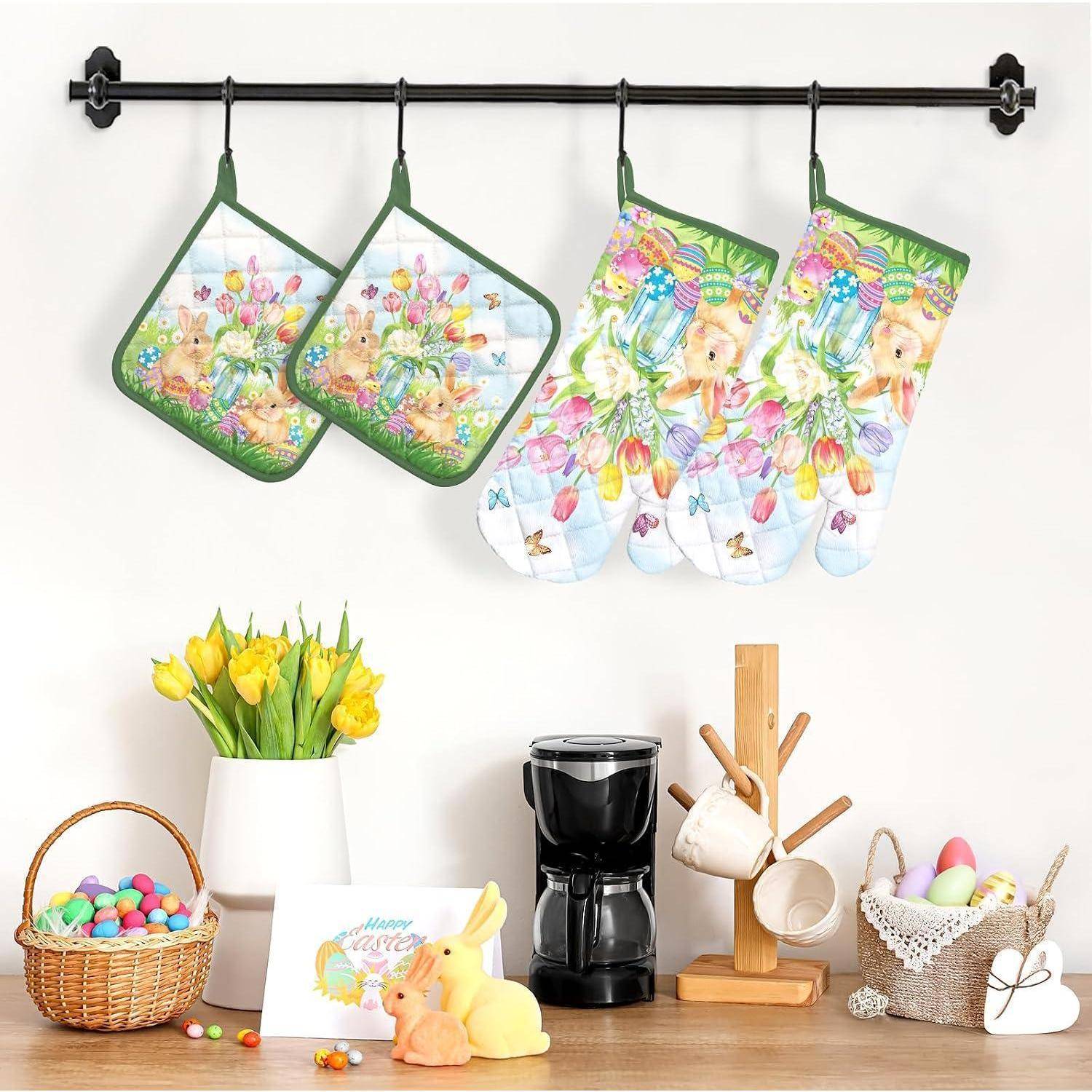 Ofenhandschuh & Topflappen Set 4tlg. Baumwolle Hase Motiv