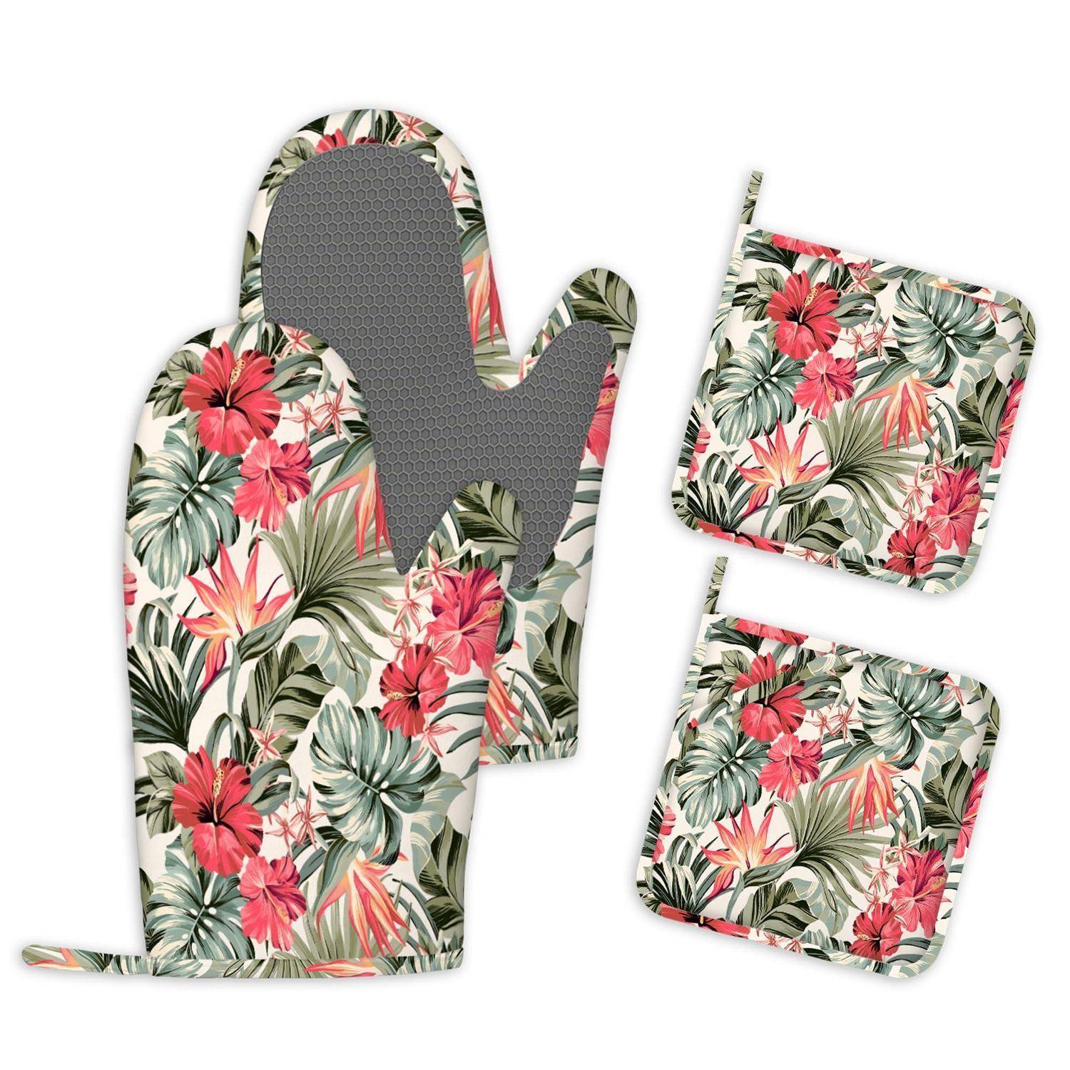 Ofenhandschuhe und Topflappen 4er-Set hitzebeständig Silikon-Griff Hibiskus Motiv