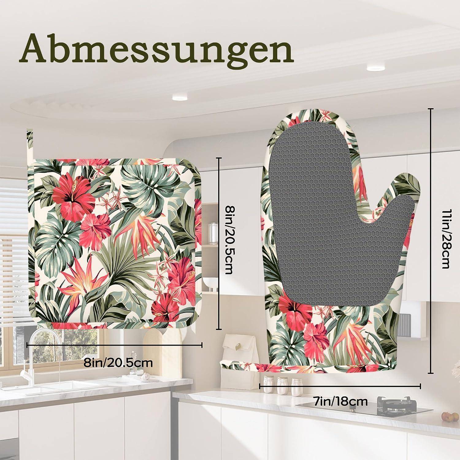 Ofenhandschuhe und Topflappen 4er-Set hitzebeständig Silikon-Griff Hibiskus Motiv