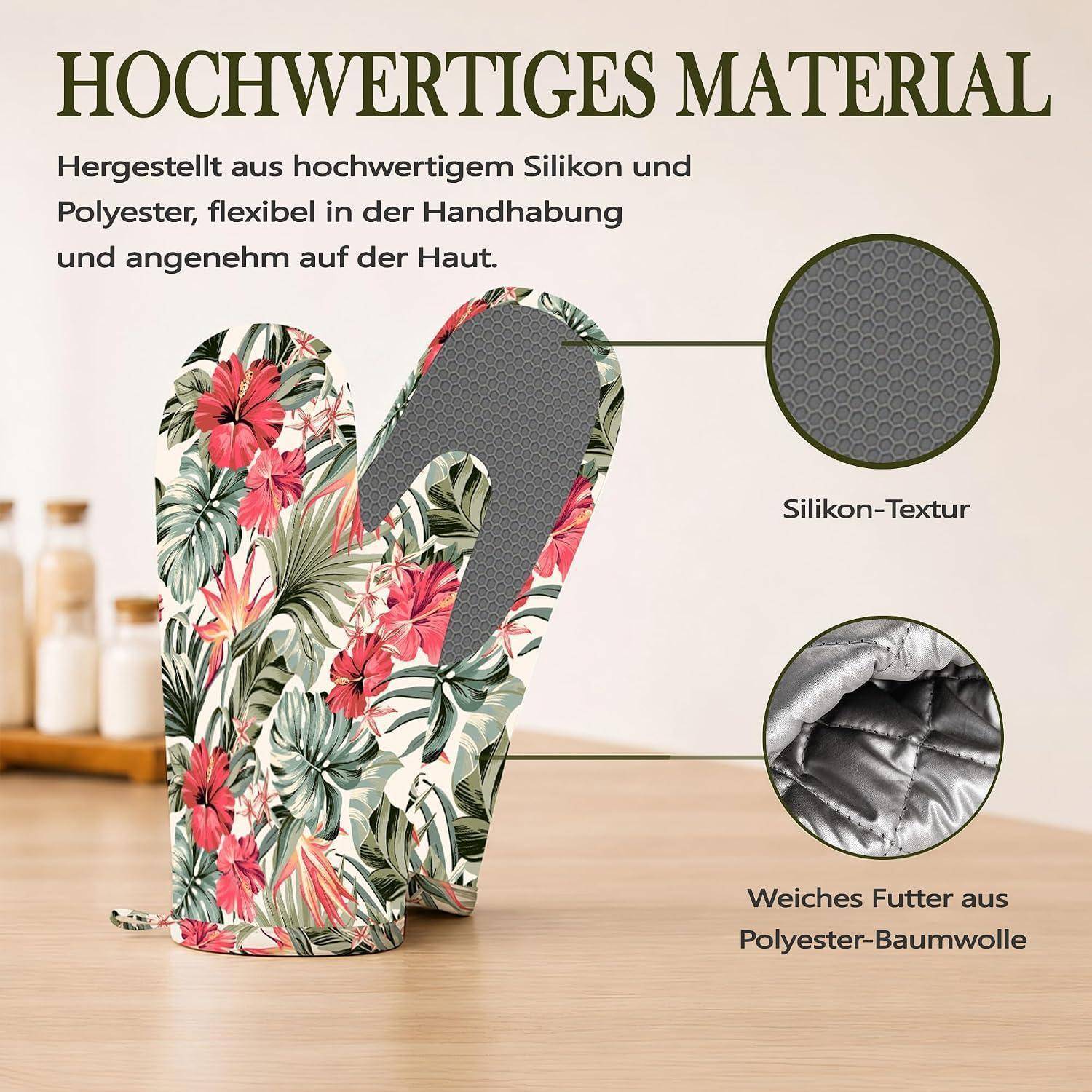 Ofenhandschuhe und Topflappen 4er-Set hitzebeständig Silikon-Griff Hibiskus Motiv