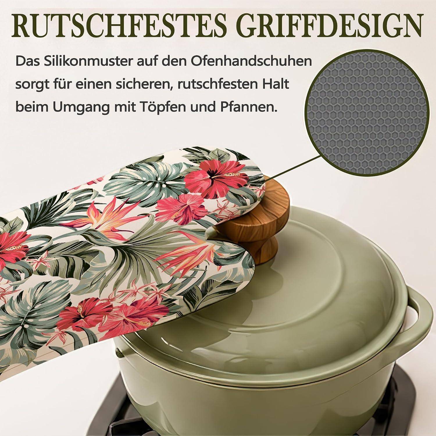 Ofenhandschuhe und Topflappen 4er-Set hitzebeständig Silikon-Griff Hibiskus Motiv