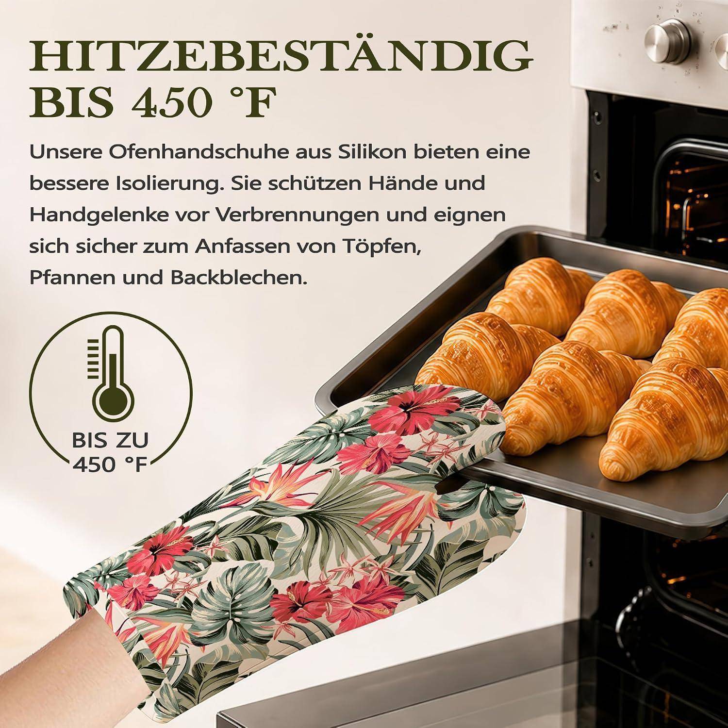 Ofenhandschuhe und Topflappen 4er-Set hitzebeständig Silikon-Griff Hibiskus Motiv