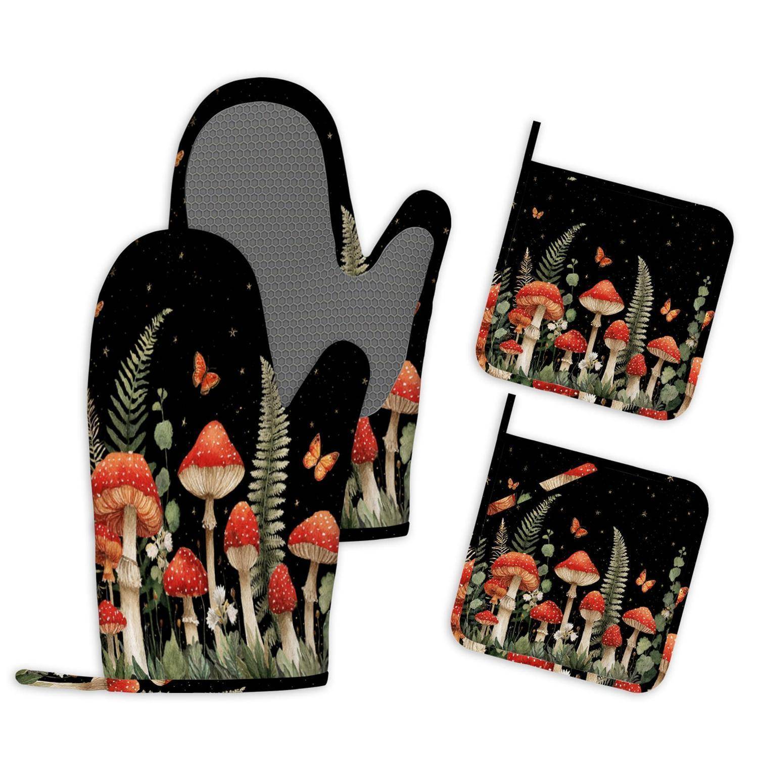 Ofenhandschuhe & Topflappen Set 4-teilig Silikon Hitzebeständig Rutschfest Pilz Design