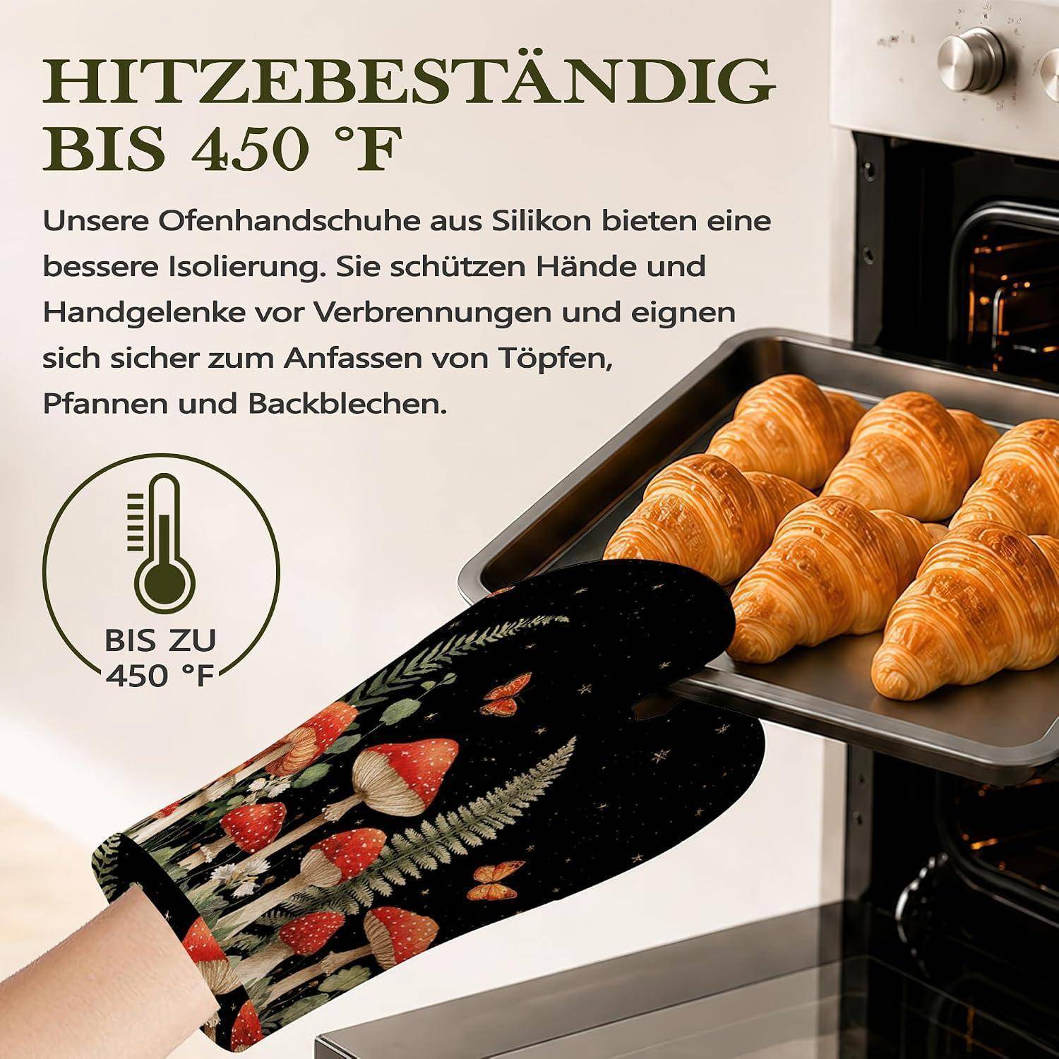 Ofenhandschuhe & Topflappen Set 4-teilig Silikon Hitzebeständig Rutschfest Pilz Design