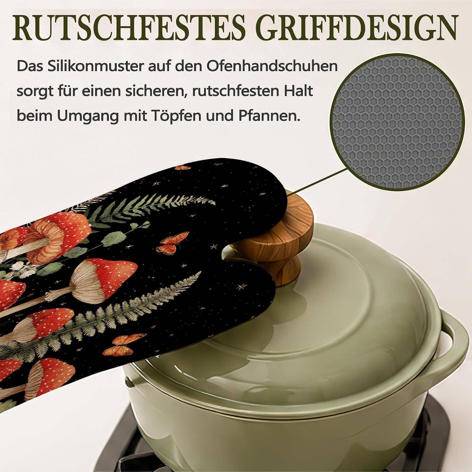 Ofenhandschuhe & Topflappen Set 4-teilig Silikon Hitzebeständig Rutschfest Pilz Design