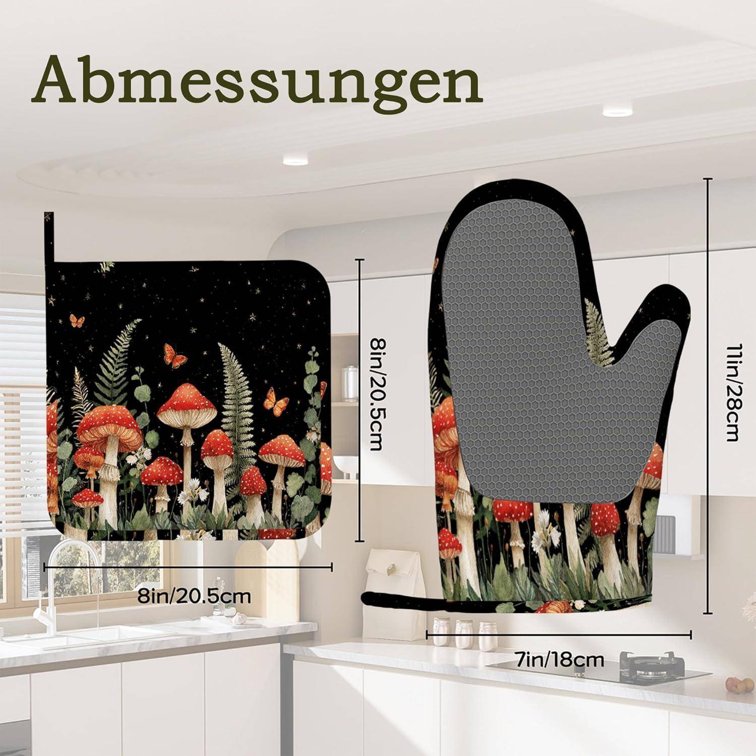 Ofenhandschuhe & Topflappen Set 4-teilig Silikon Hitzebeständig Rutschfest Pilz Design