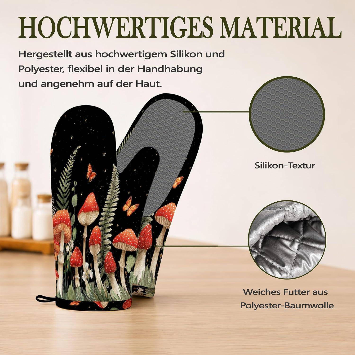 Ofenhandschuhe & Topflappen Set 4-teilig Silikon Hitzebeständig Rutschfest Pilz Design