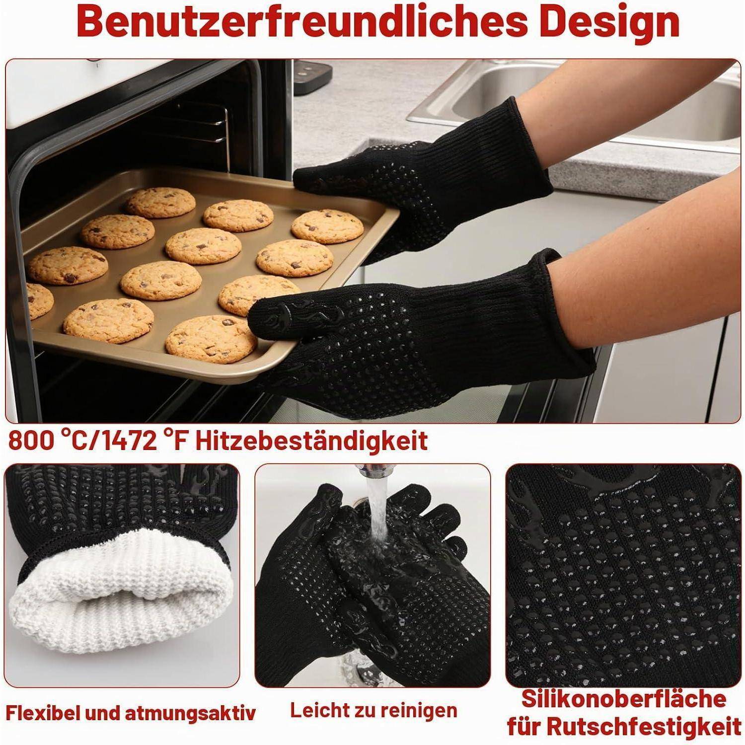Werbebild mit schwarzen hitzebeständigen Silikon-Ofenhandschuhen, die ein Backblech mit Keksen herausnehmen, mit Detailaufnahmen, die flexible, atmungsaktive, leicht zu reinigen und rutschfeste Griffeigenschaften hervorheben.